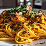 Freshly prepared Butter Chicken Linguine on a clean modern plate