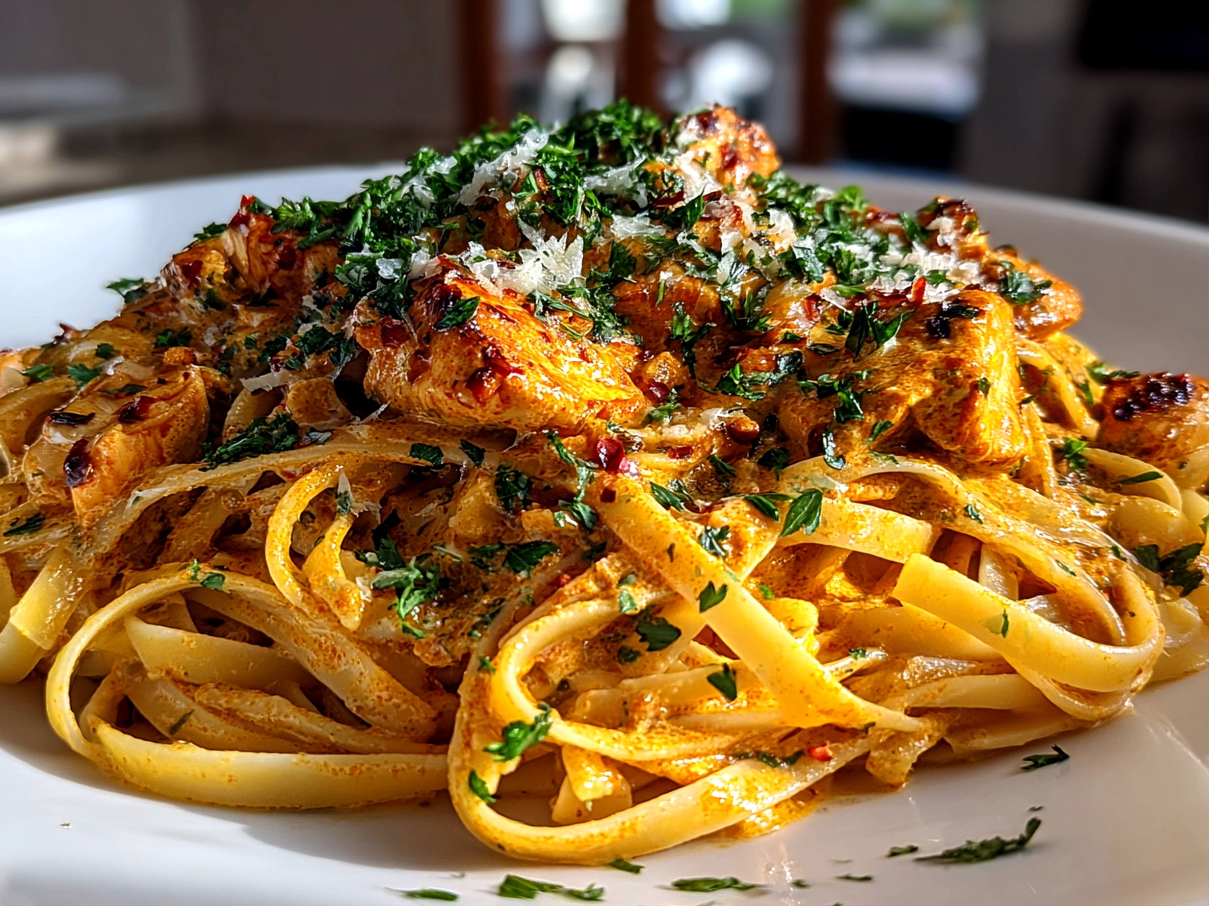 Freshly prepared Butter Chicken Linguine on a clean modern plate