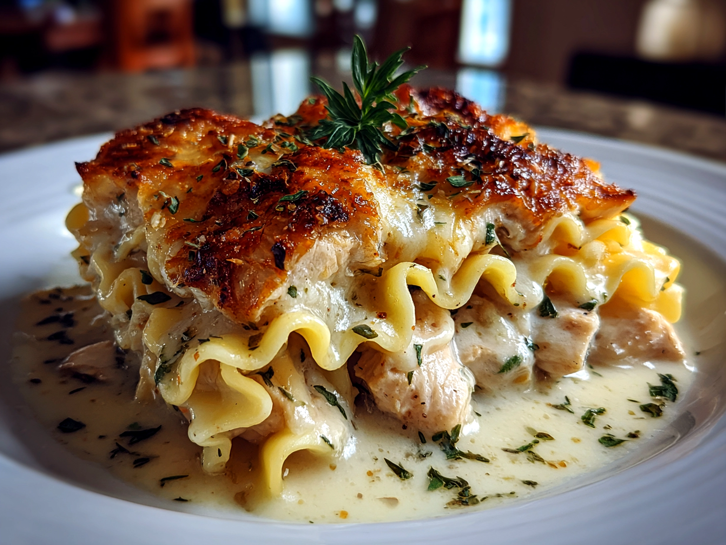 Freshly prepared Chicken Alfredo Lasagna Soup served warm