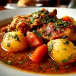 Freshly prepared chicken stew on white plate