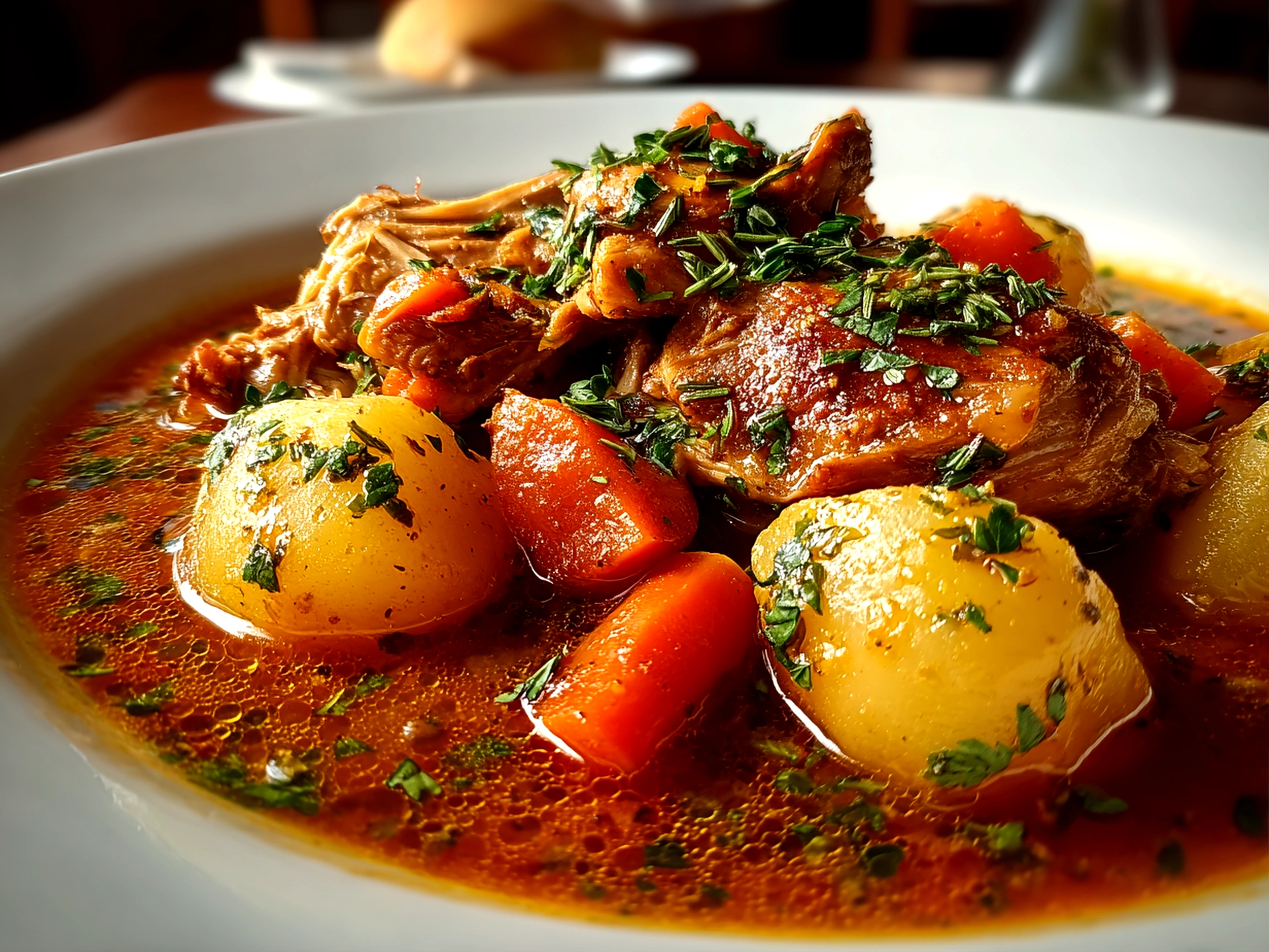 Freshly prepared chicken stew on white plate