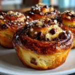 Freshly prepared Chocolate Chip Sourdough Cruffins on white plate
