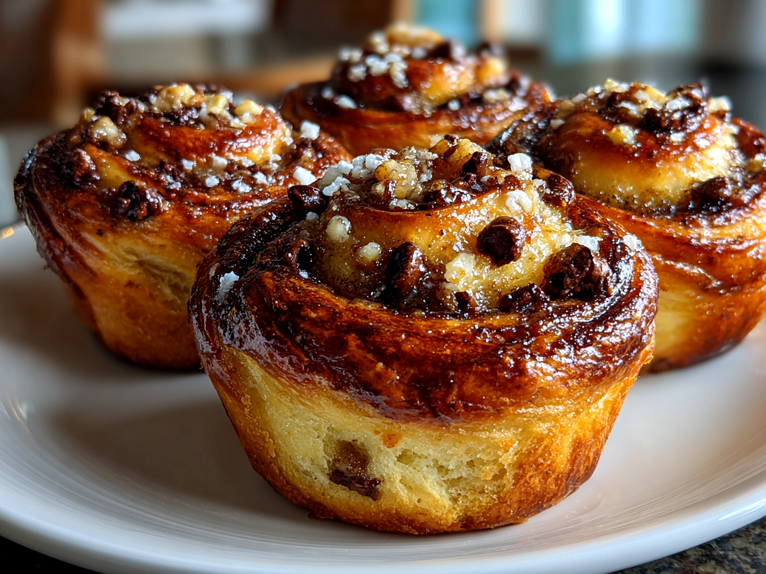 Freshly prepared Chocolate Chip Sourdough Cruffins on white plate
