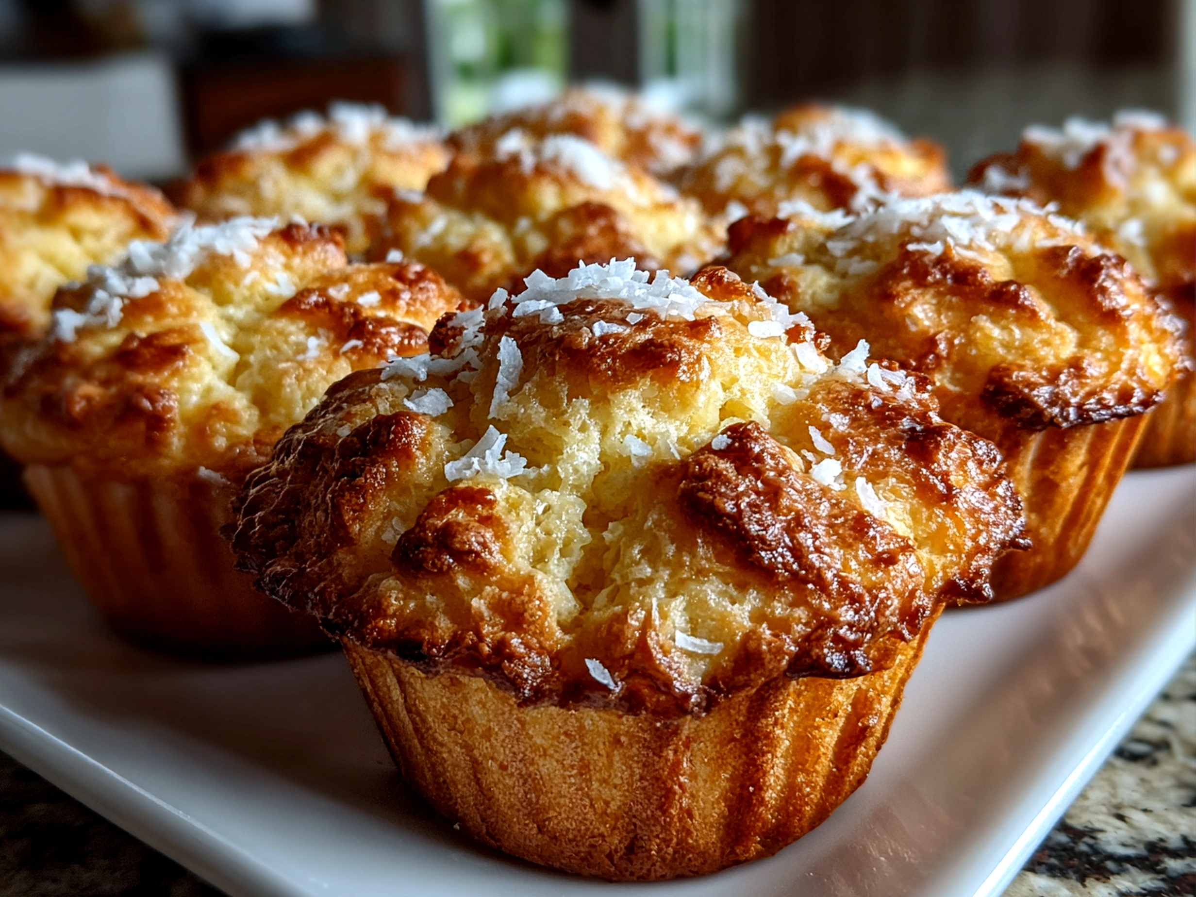 Freshly prepared Coconut and Pineapple Cottage Cheese Muffins on white plate
