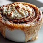 Freshly prepared Cottage Cheese Cinnamon Roll Mug Cake on white ceramic mug