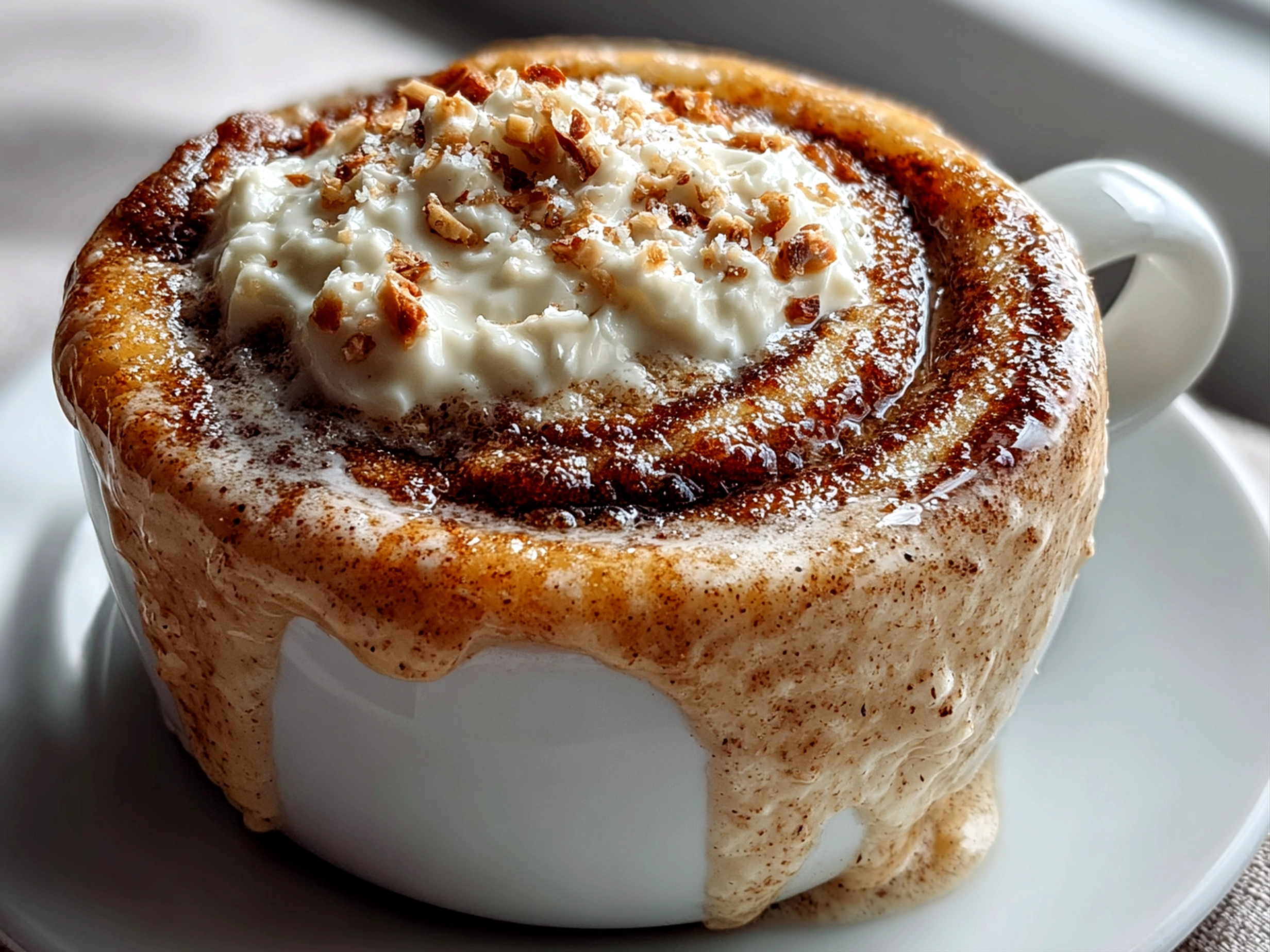 Freshly prepared Cottage Cheese Cinnamon Roll Mug Cake on white ceramic mug