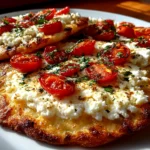 Freshly prepared cottage cheese flatbread pizza on modern kitchen counter