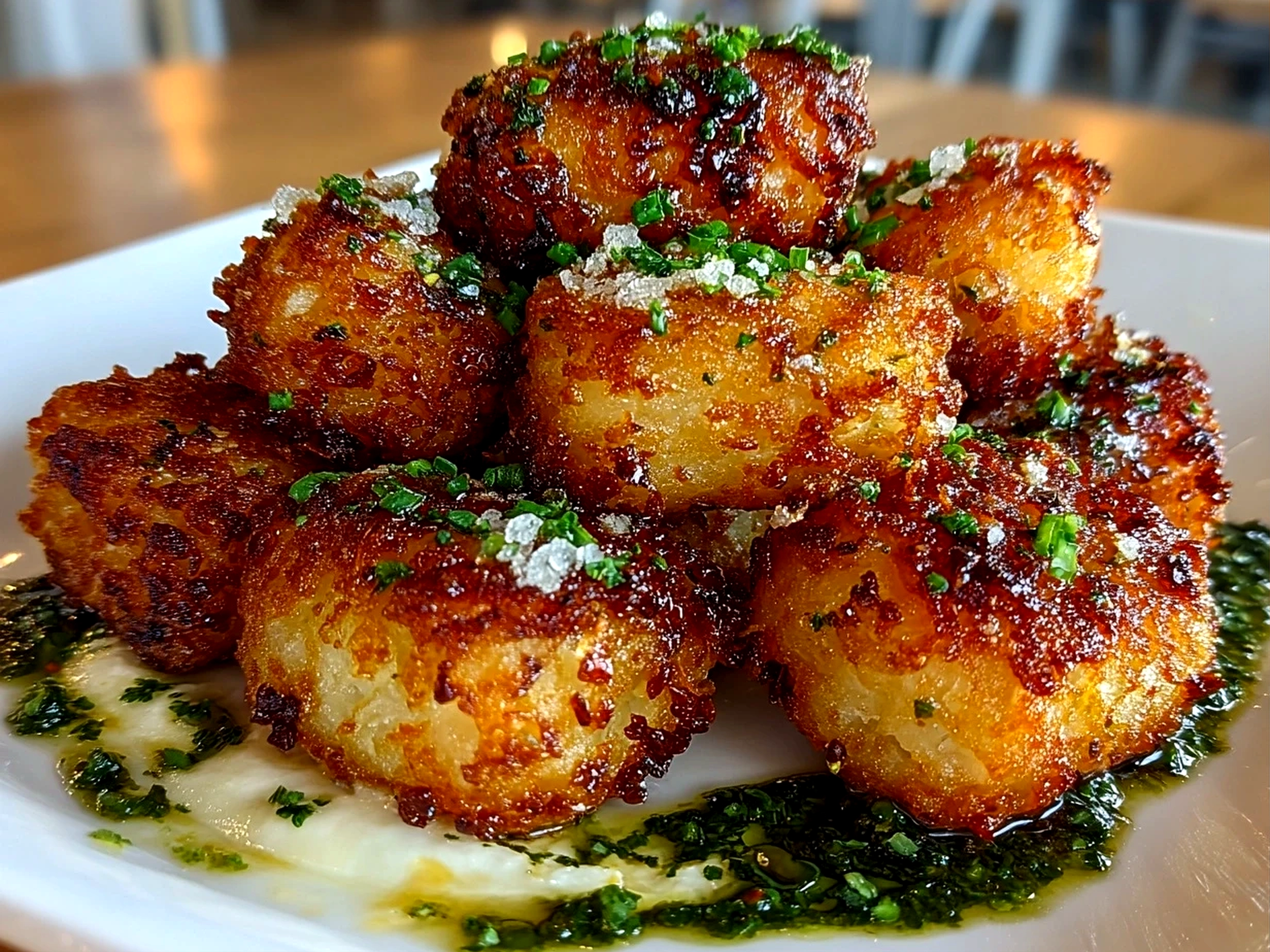 Freshly prepared crispy tater tots on a white plate