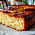 Freshly prepared flourless yogurt cake on white plate
