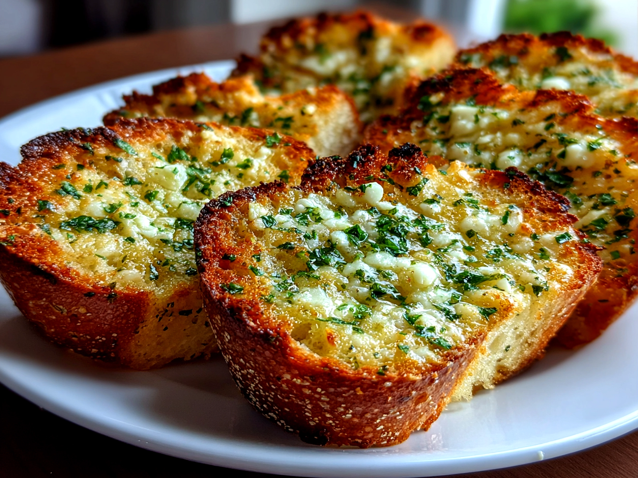 Freshly prepared garlic bread on white plate