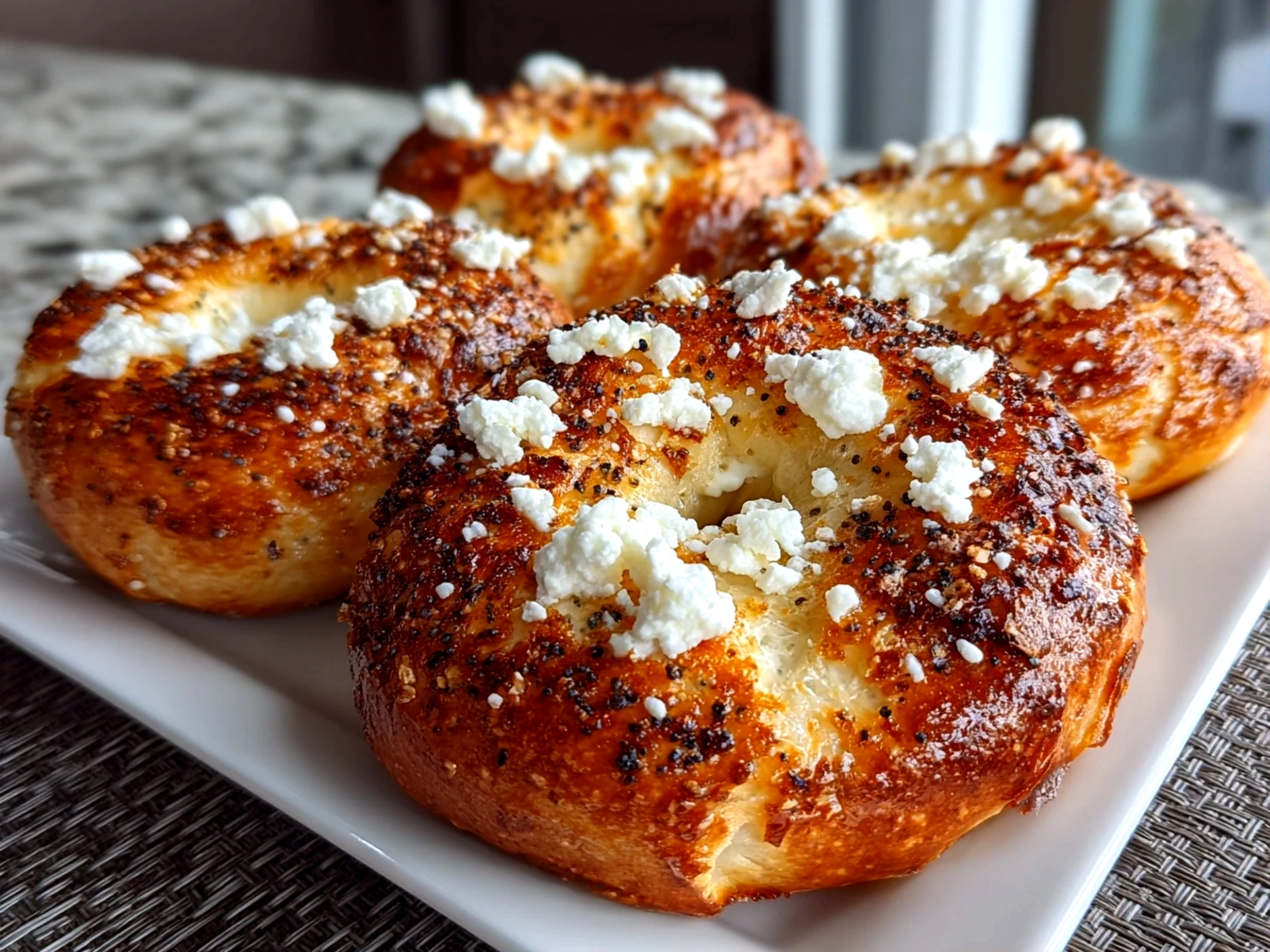Freshly prepared gluten-free Greek yogurt bagels on a clean white plate