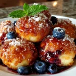 Freshly prepared Maple Blueberry Sourdough Donut Holes on white plate