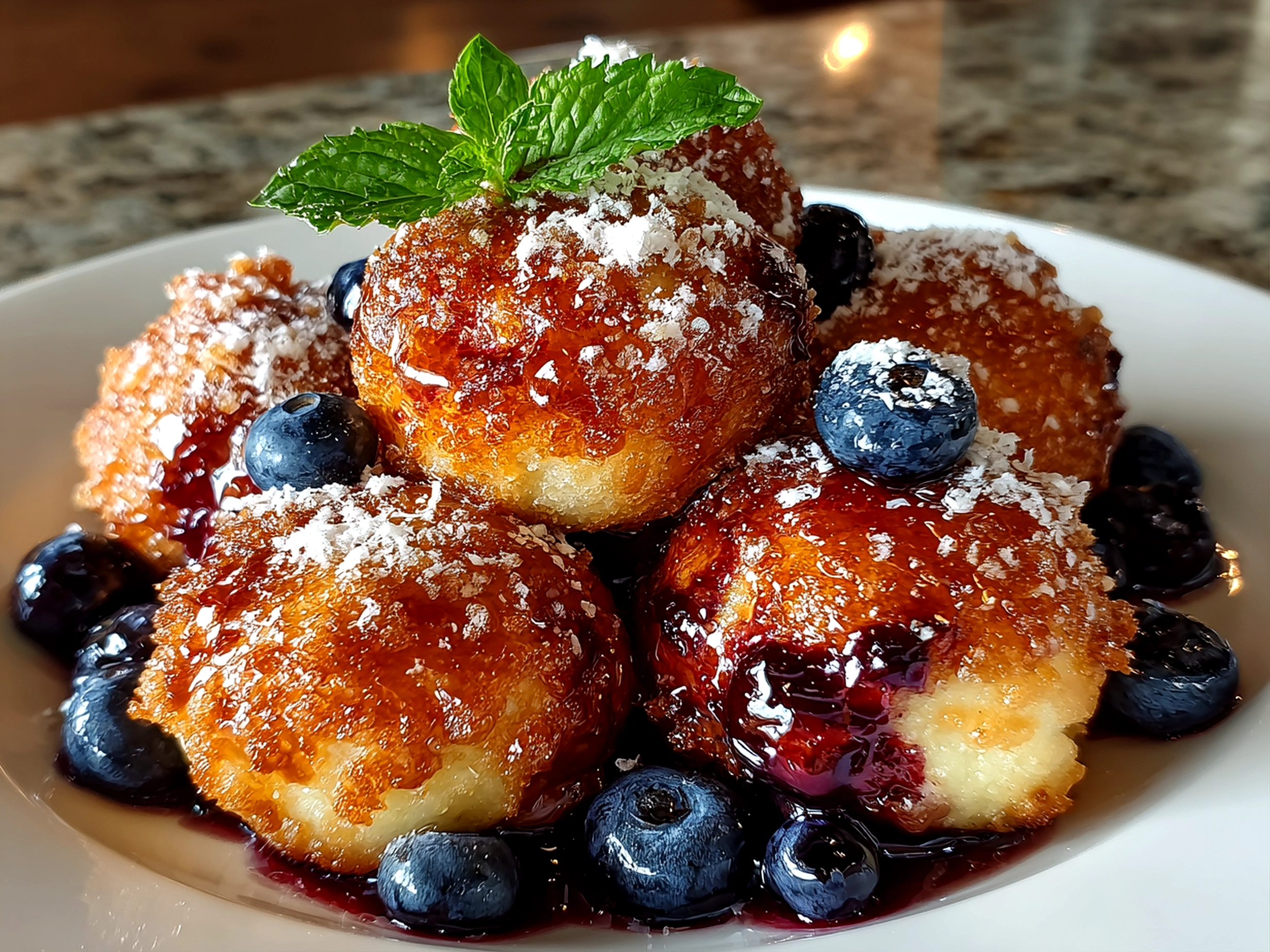 Freshly prepared Maple Blueberry Sourdough Donut Holes on white plate