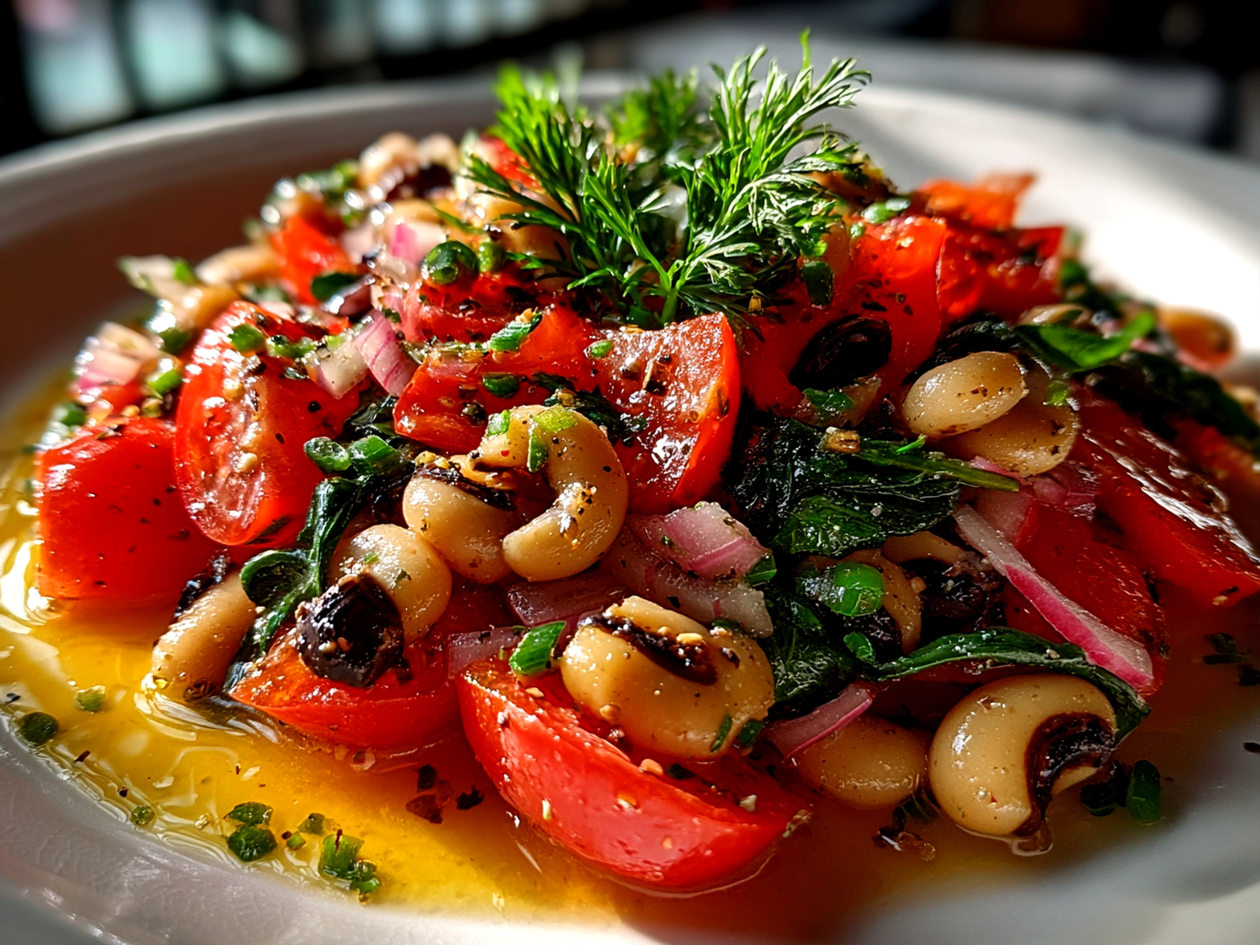 Freshly prepared Olive Salad with Black Eyed Peas