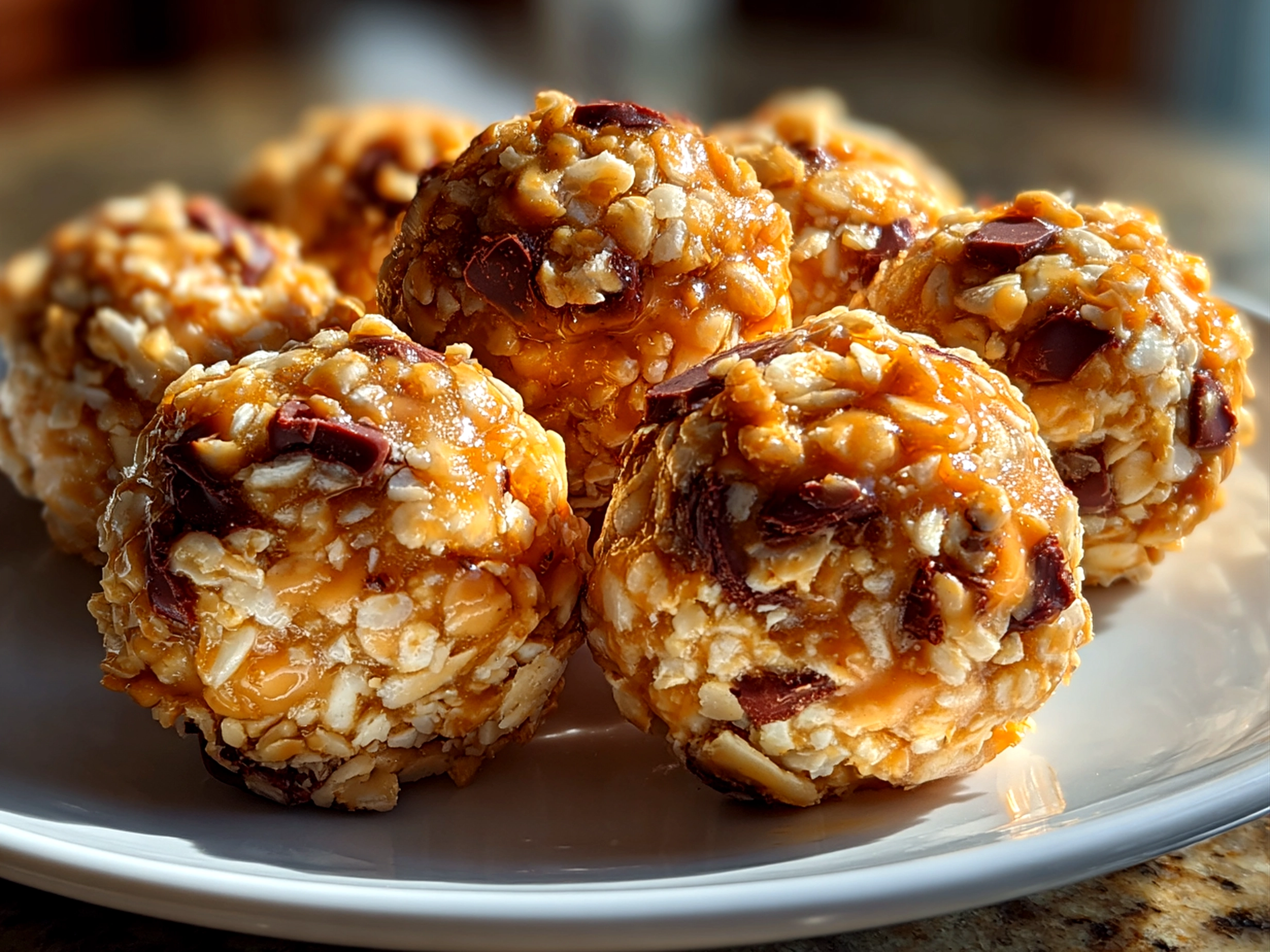 Freshly prepared peanut butter balls with Rice Krispies on white plate