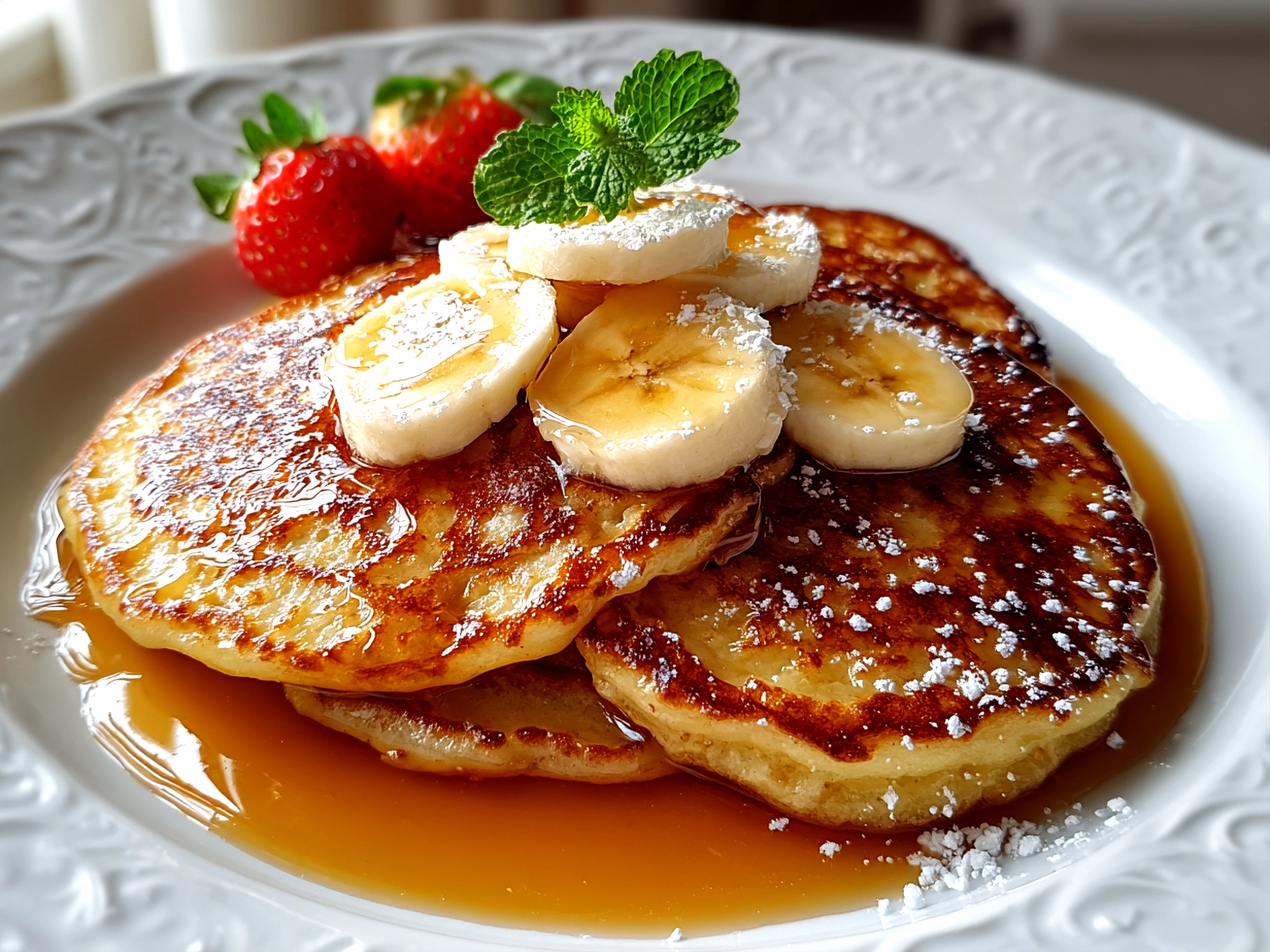 Freshly prepared sourdough banana pancakes on white plate