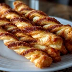 Freshly prepared sourdough discard cinnamon sugar twists on a white plate
