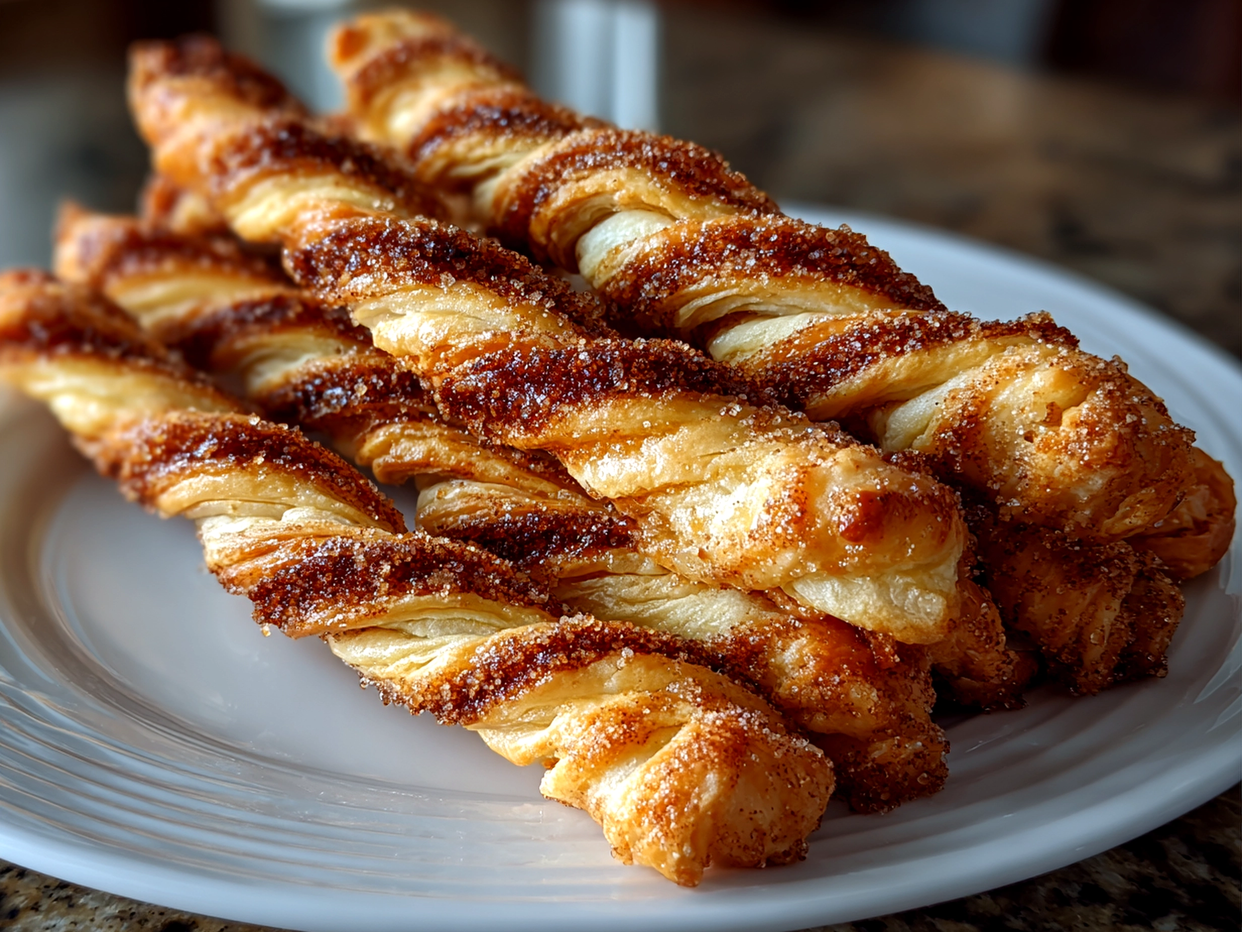 Freshly prepared sourdough discard cinnamon sugar twists on a white plate