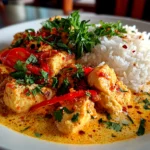 Freshly Prepared Thai Chicken Coconut Curry on White Plate