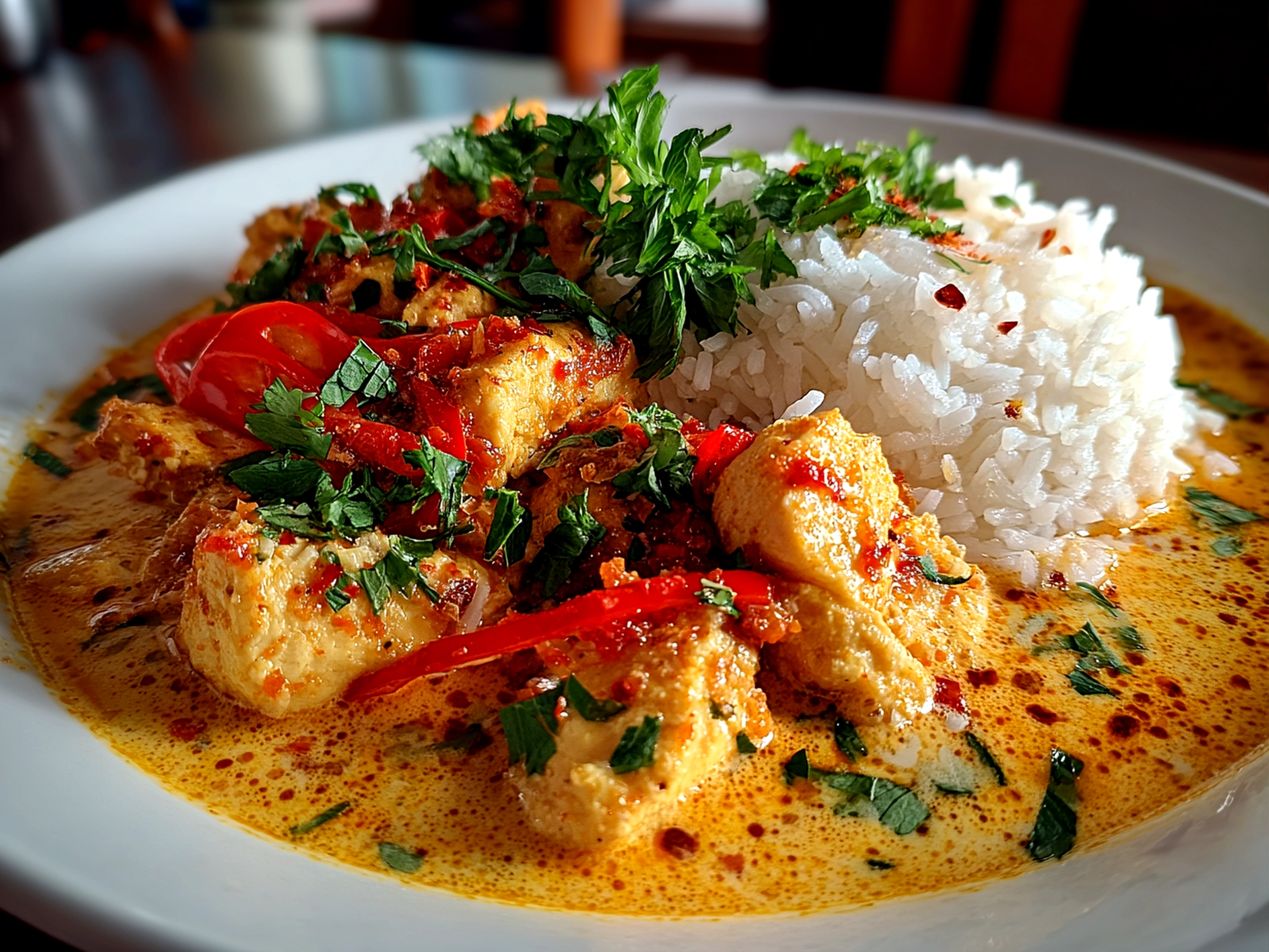 Freshly Prepared Thai Chicken Coconut Curry on White Plate