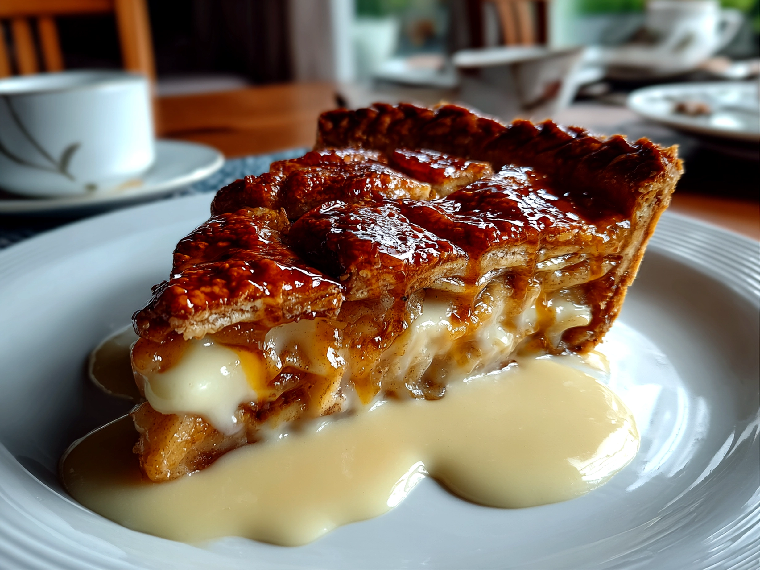 Freshly prepared toffee apple pie close-up