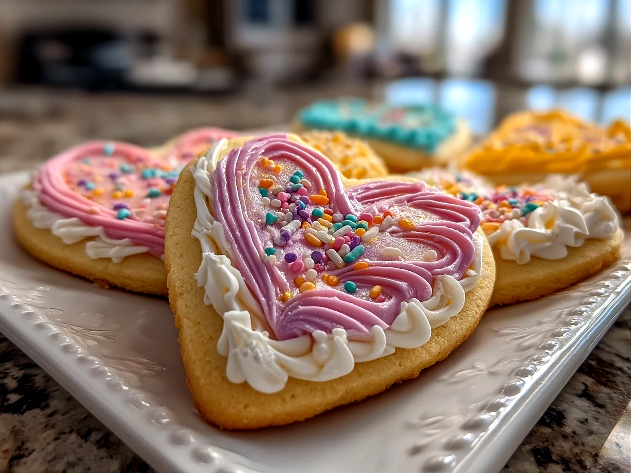 Freshly prepared Valentines Day Sugar Cookies close-up on white plate