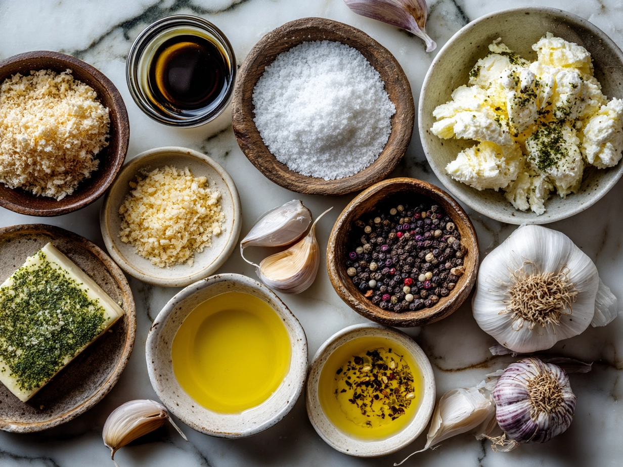 Fresh ingredients for homemade Garlic Aioli Sauce including garlic cloves, mayonnaise, lemon, and spices