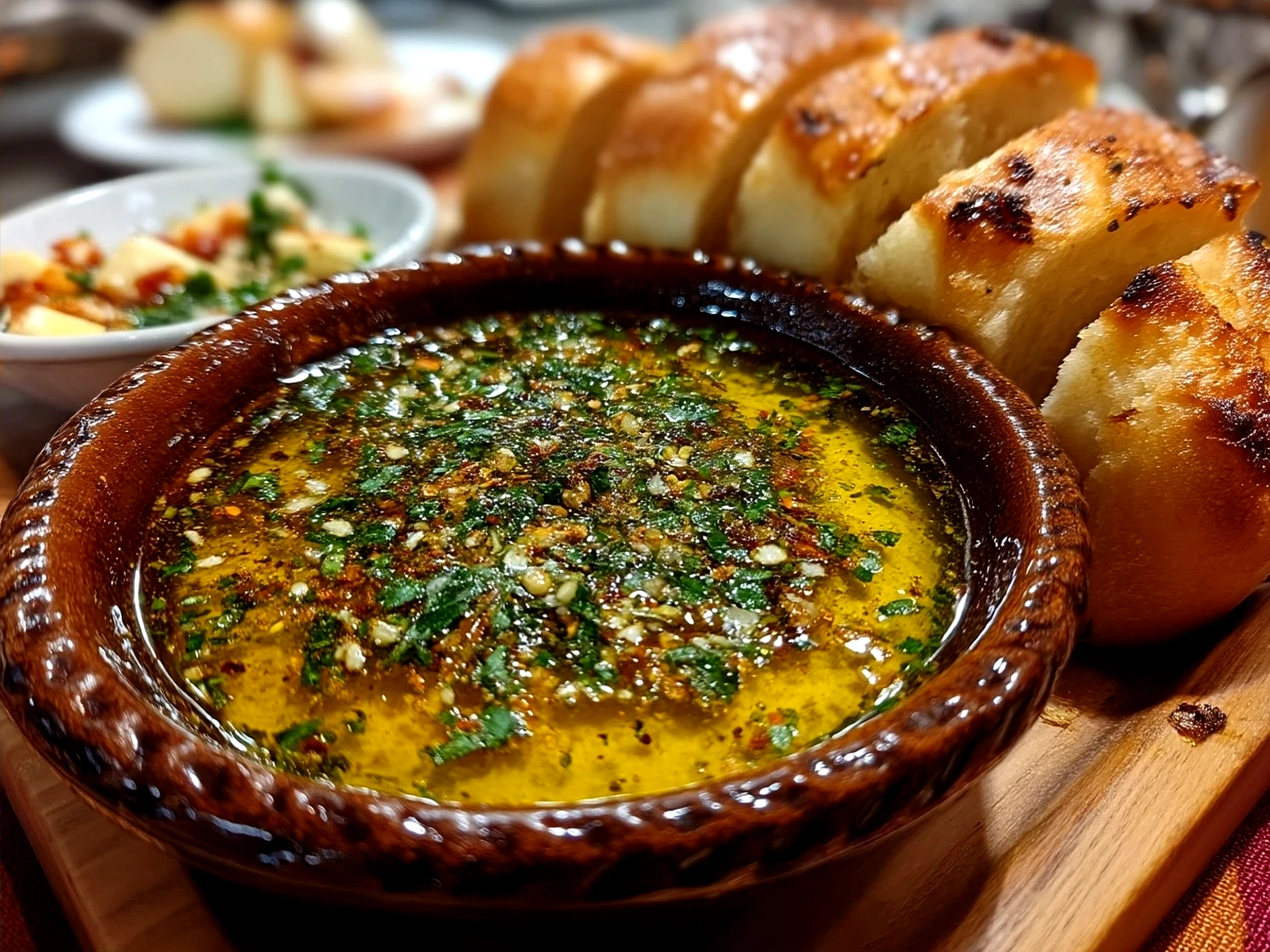Serving garlic olive oil dip with crusty bread and fresh herbs on the side
