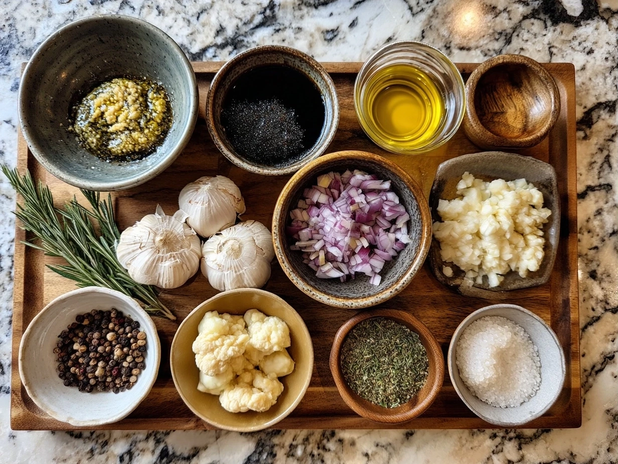 Ingredients for garlic olive oil dip including garlic cloves, olive oil, herbs, and spices