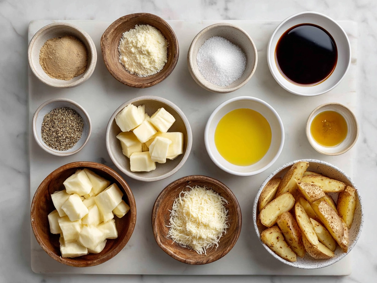 Ingredients for Garlic Parmesan Potato Wedges including potatoes, Parmesan cheese, garlic, and herbs