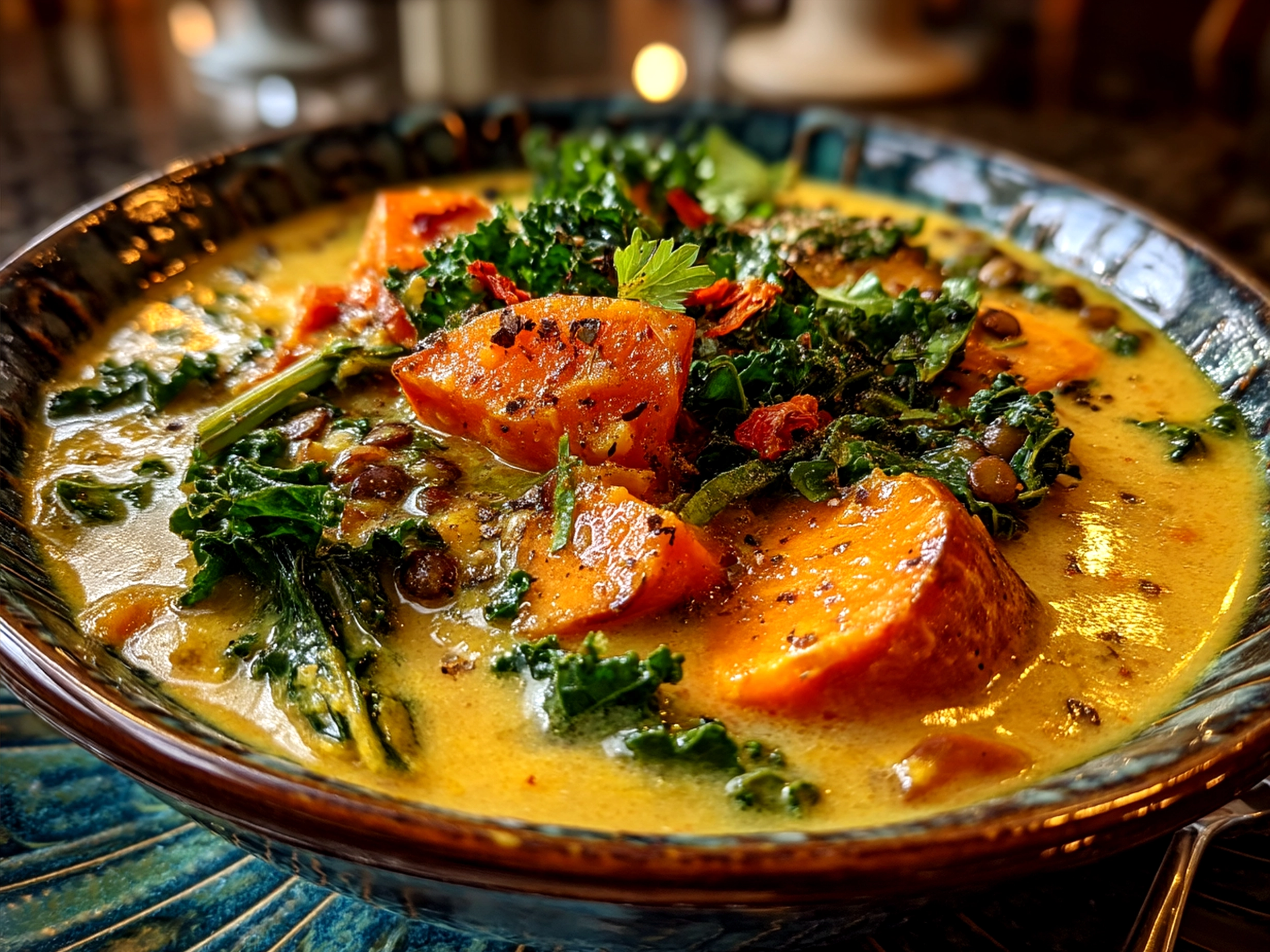 Serving Ginger Sweet Potato and Coconut Milk Stew with Lentils and Kale garnished with cilantro in a bowl