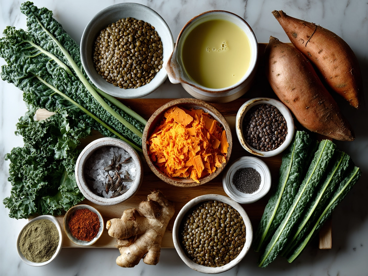 Ingredients for Ginger Sweet Potato and Coconut Milk Stew with Lentils and Kale on a wooden surface