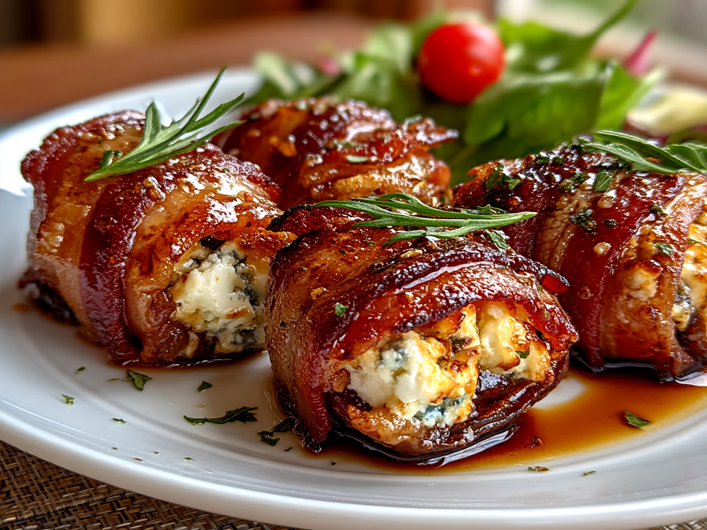 Final presentation of Goat Cheese Stuffed Bacon Wrapped Dates on a rustic board