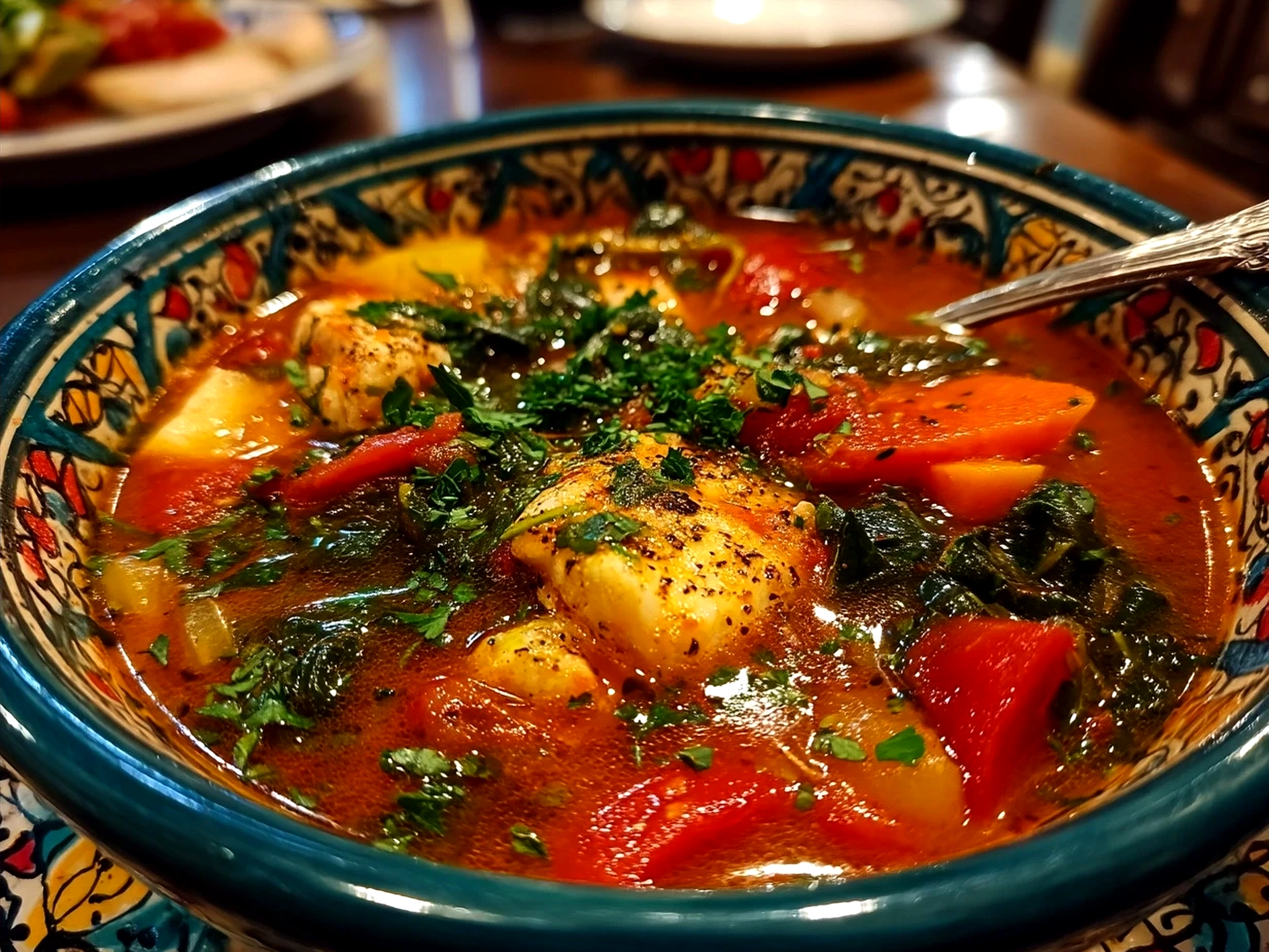 Bowl of Greek Healing Soup served with fresh herbs and lemon wedge