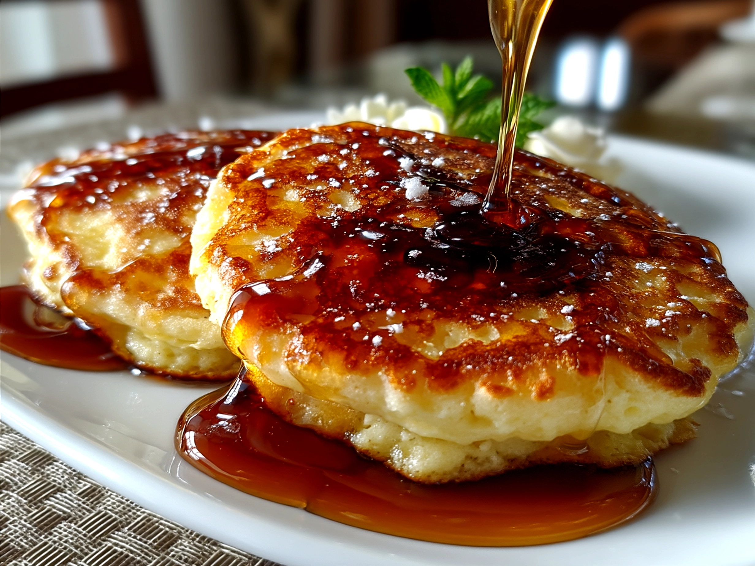 Stack of Greek Yogurt Pancakes served with fresh fruit and maple syrup