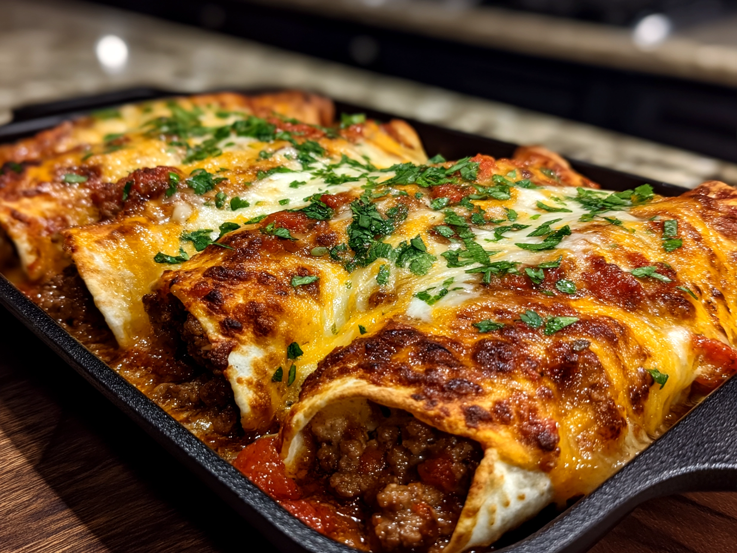 Served Ground Beef Enchiladas dinner with melted cheese and garnished with fresh cilantro