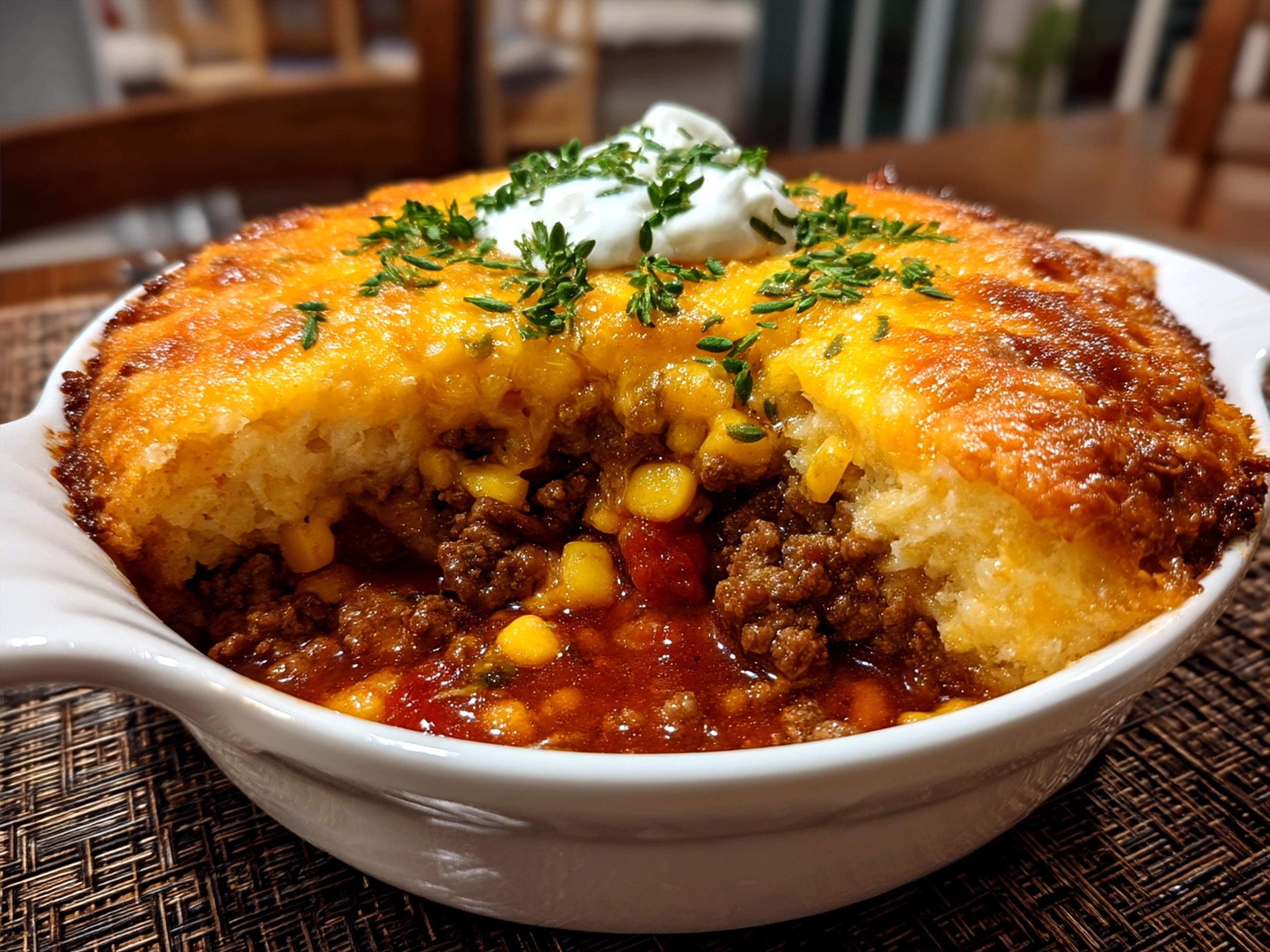 Serving of Hobo Casserole Ground Beef with melted cheese and crispy onions