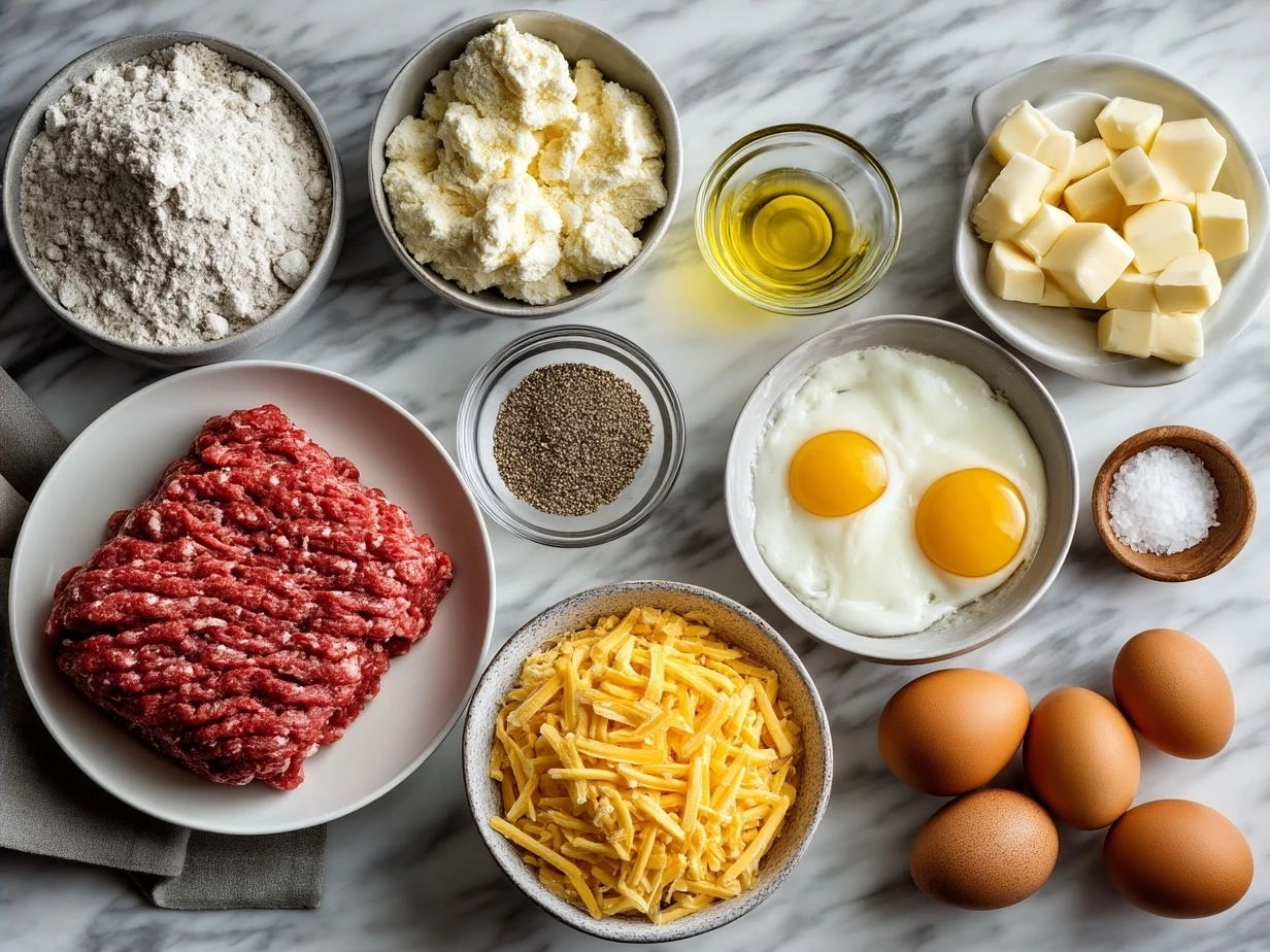 Ingredients for Hobo Casserole Ground Beef including ground beef, potatoes, onions, soups, cheese, and seasonings
