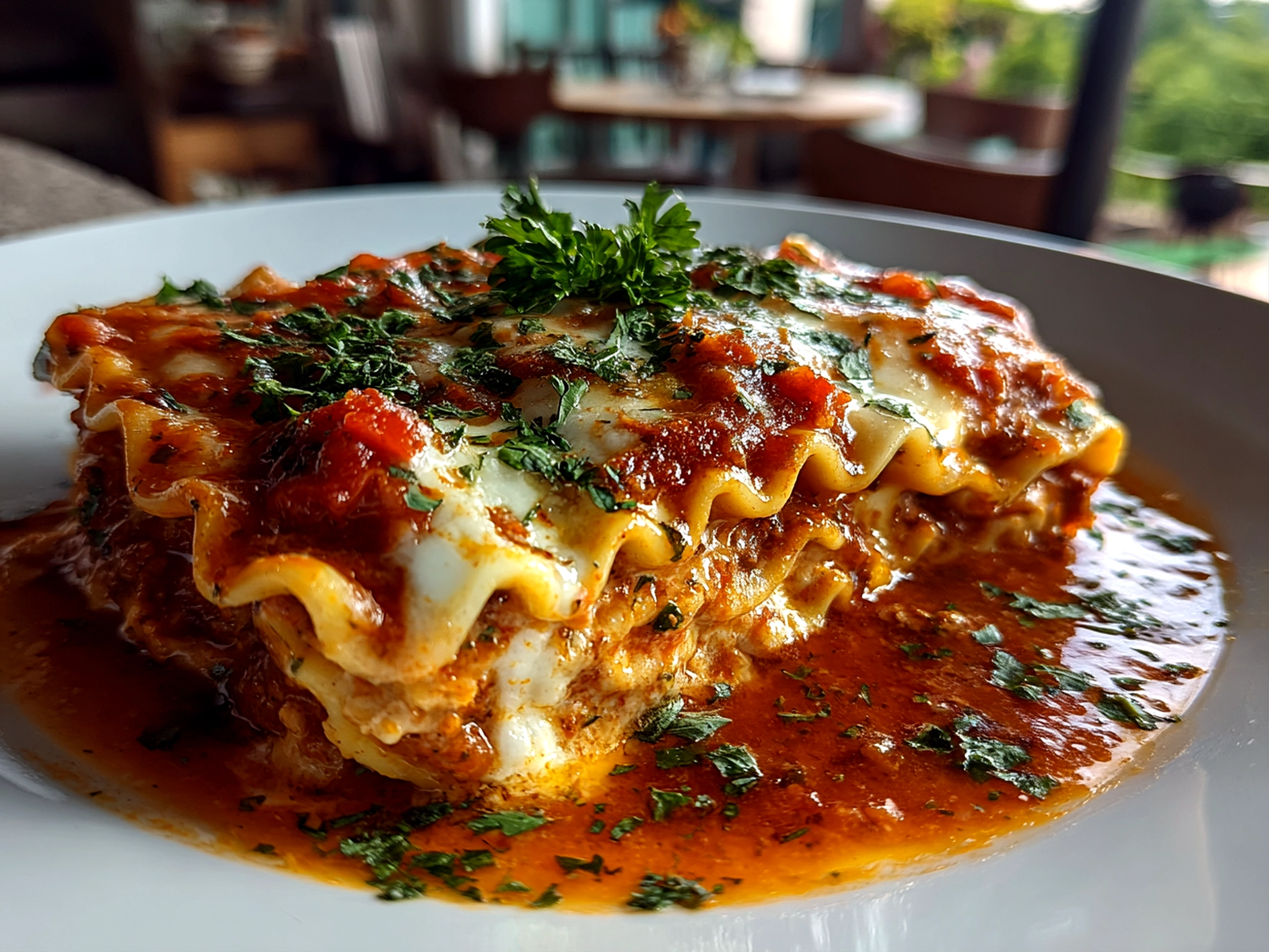 home cook, taken with iPhone 14 Pro. Close-up slight angle of delicious lasagna soup on white plate. fresh vibrant --ar 4:3 --style raw --s 250