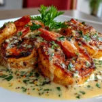 Home cook, taken with iPhone 14. Close-up slight angle of comforting Cajun Shrimp and Salmon with Garlic Cream Sauce on white plate. warm appetizing --ar 4:3 --style raw --s 250