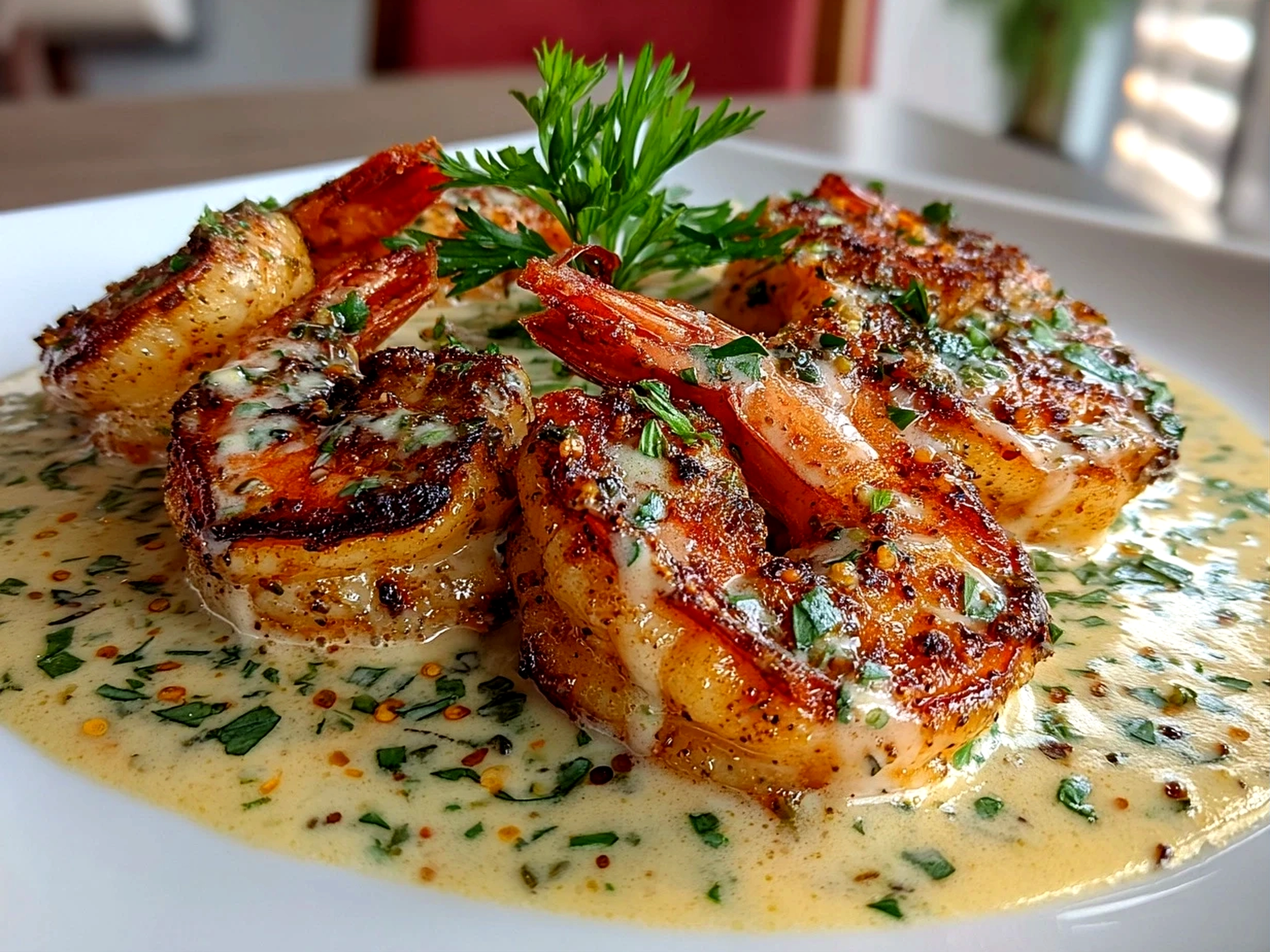 Home cook, taken with iPhone 14. Close-up slight angle of comforting Cajun Shrimp and Salmon with Garlic Cream Sauce on white plate. warm appetizing --ar 4:3 --style raw --s 250