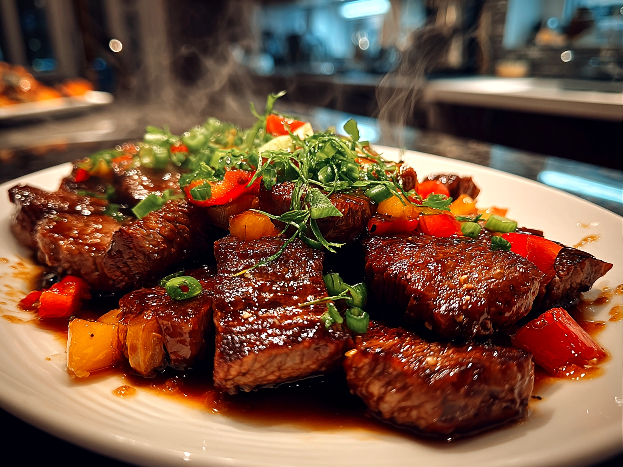 home cook, taken with iPhone 14. Close-up slight angle of comforting Korean BBQ Beef on white plate. mouthwatering --ar 4:3 --style raw --s 230