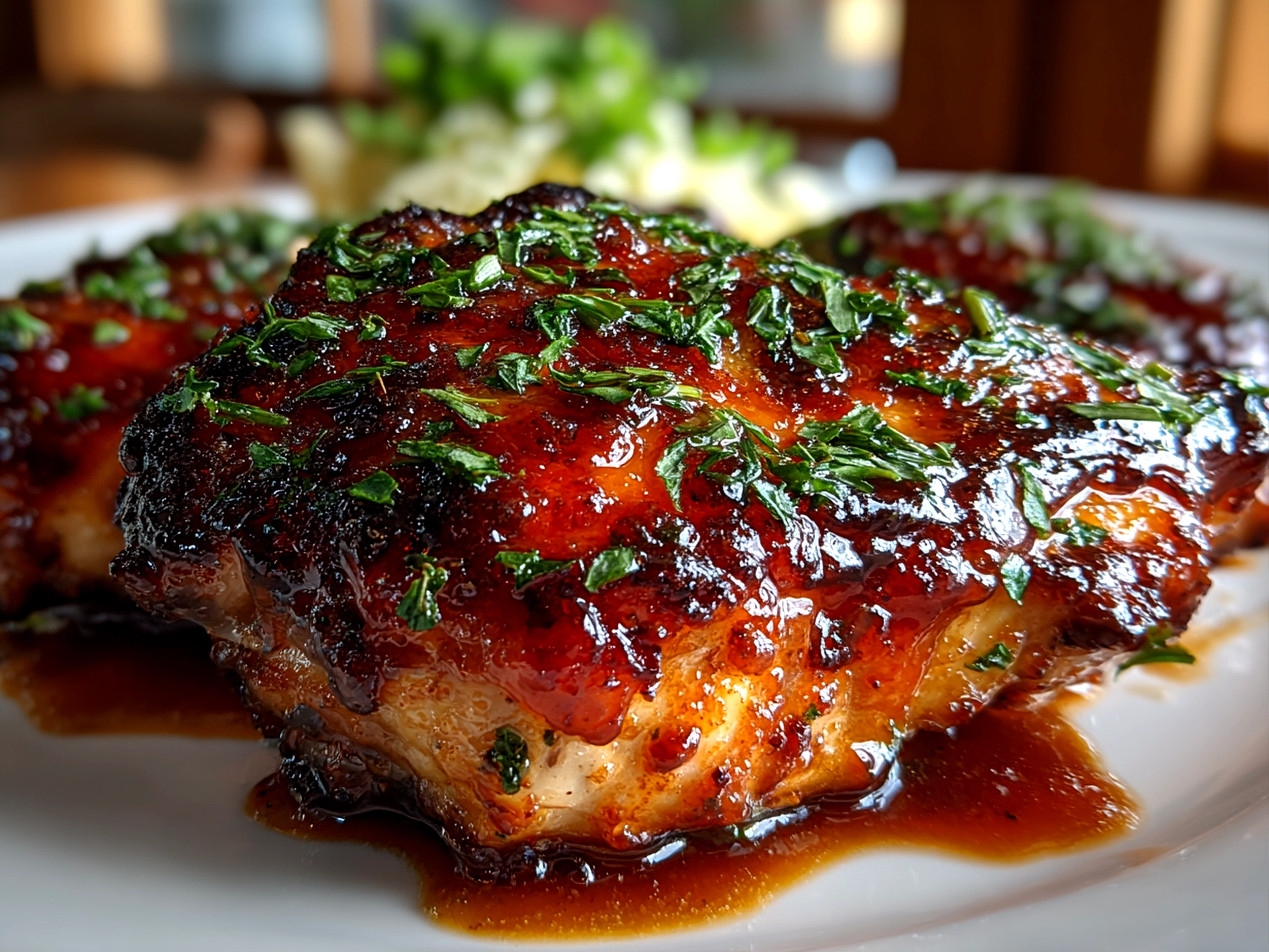 Home cook, taken with iPhone 14. Close-up slight angle of delicious Crockpot BBQ Chicken on white plate. mouthwatering --ar 4:3 --style raw --s 230