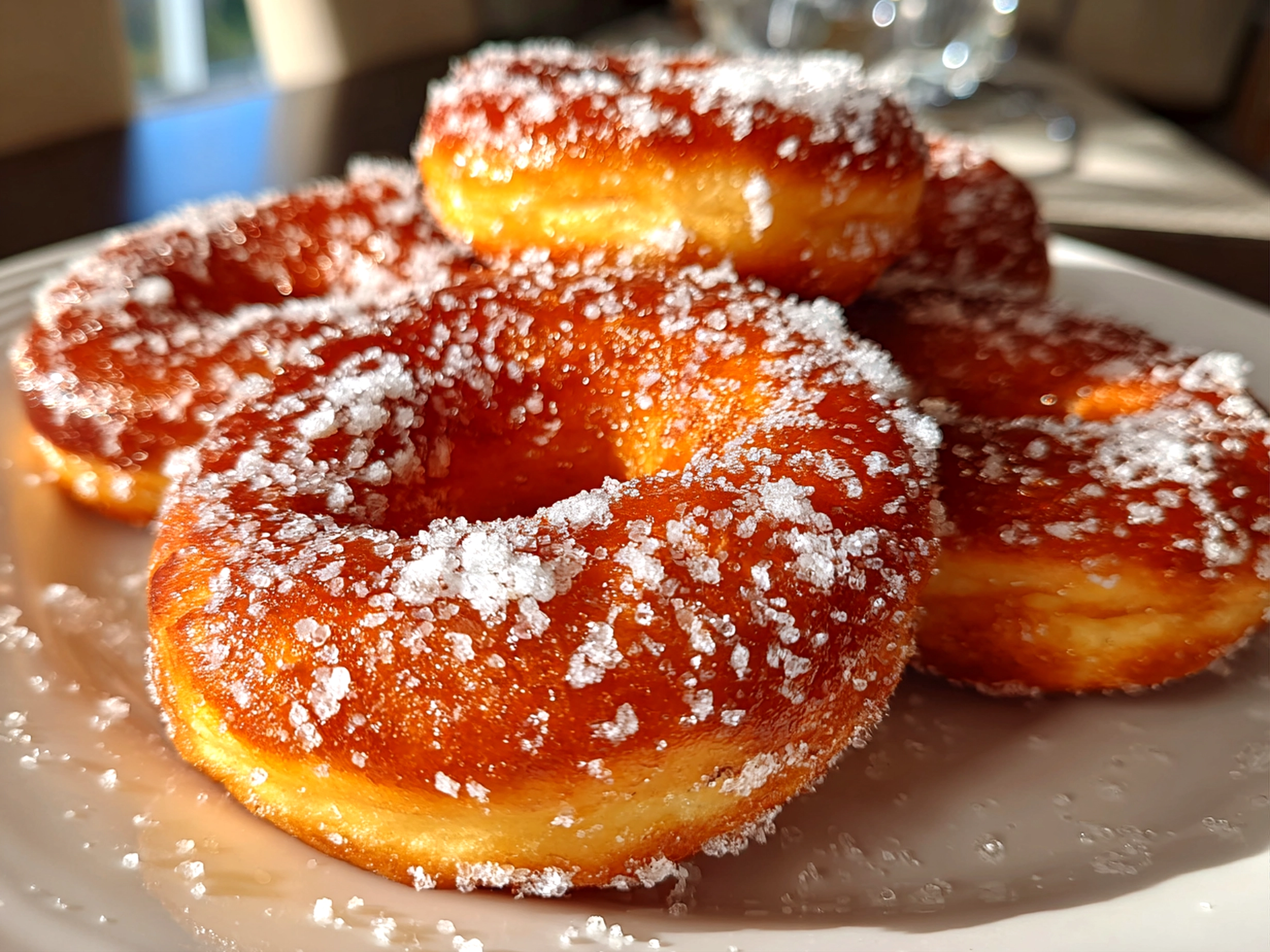 Homemade sourdough discard sugar donuts fresh from frying