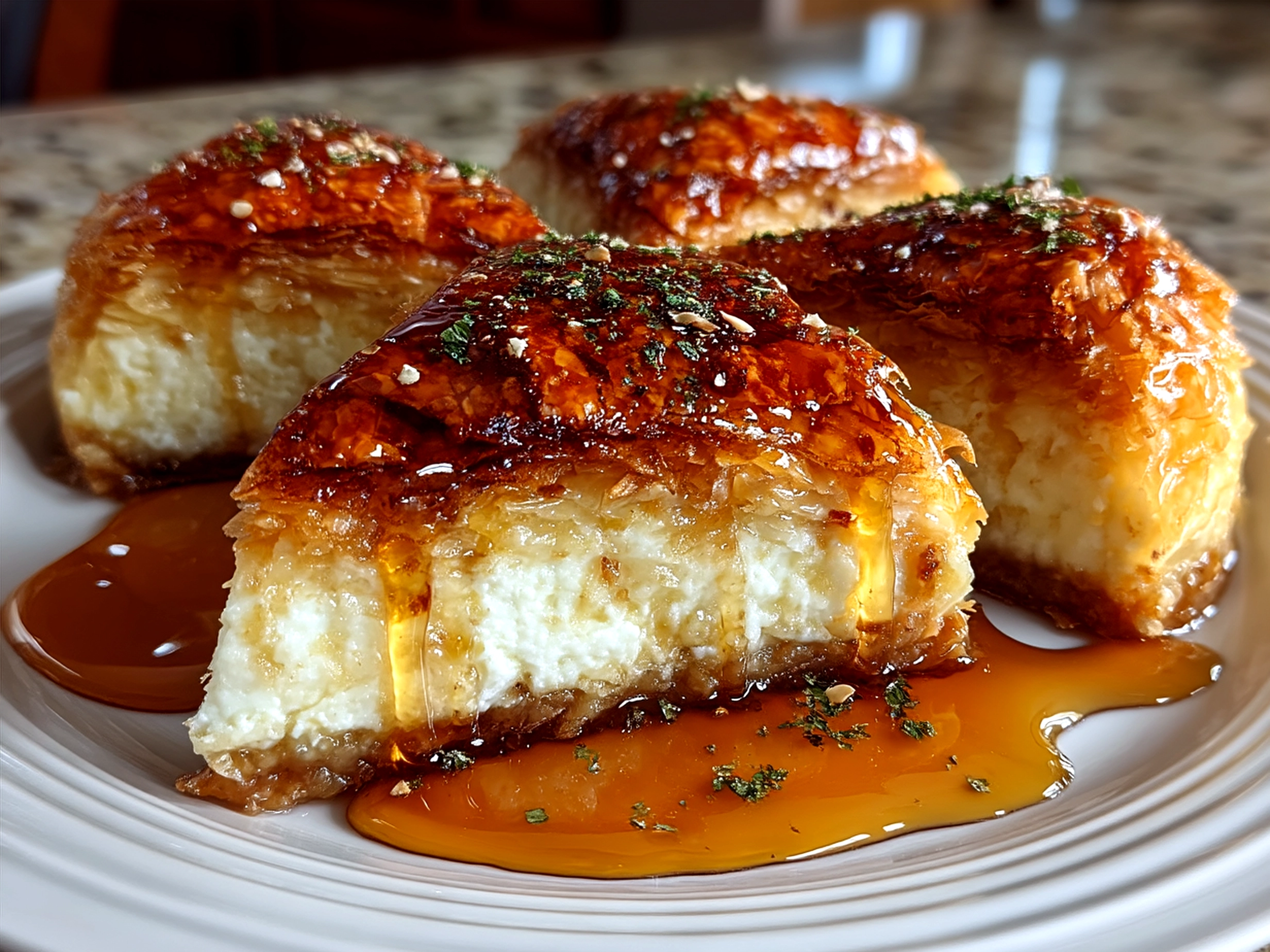 Serving plate with Honey-Drizzled Baklava Cheesecake Phyllo Cookies showcasing flaky layers and honey glaze