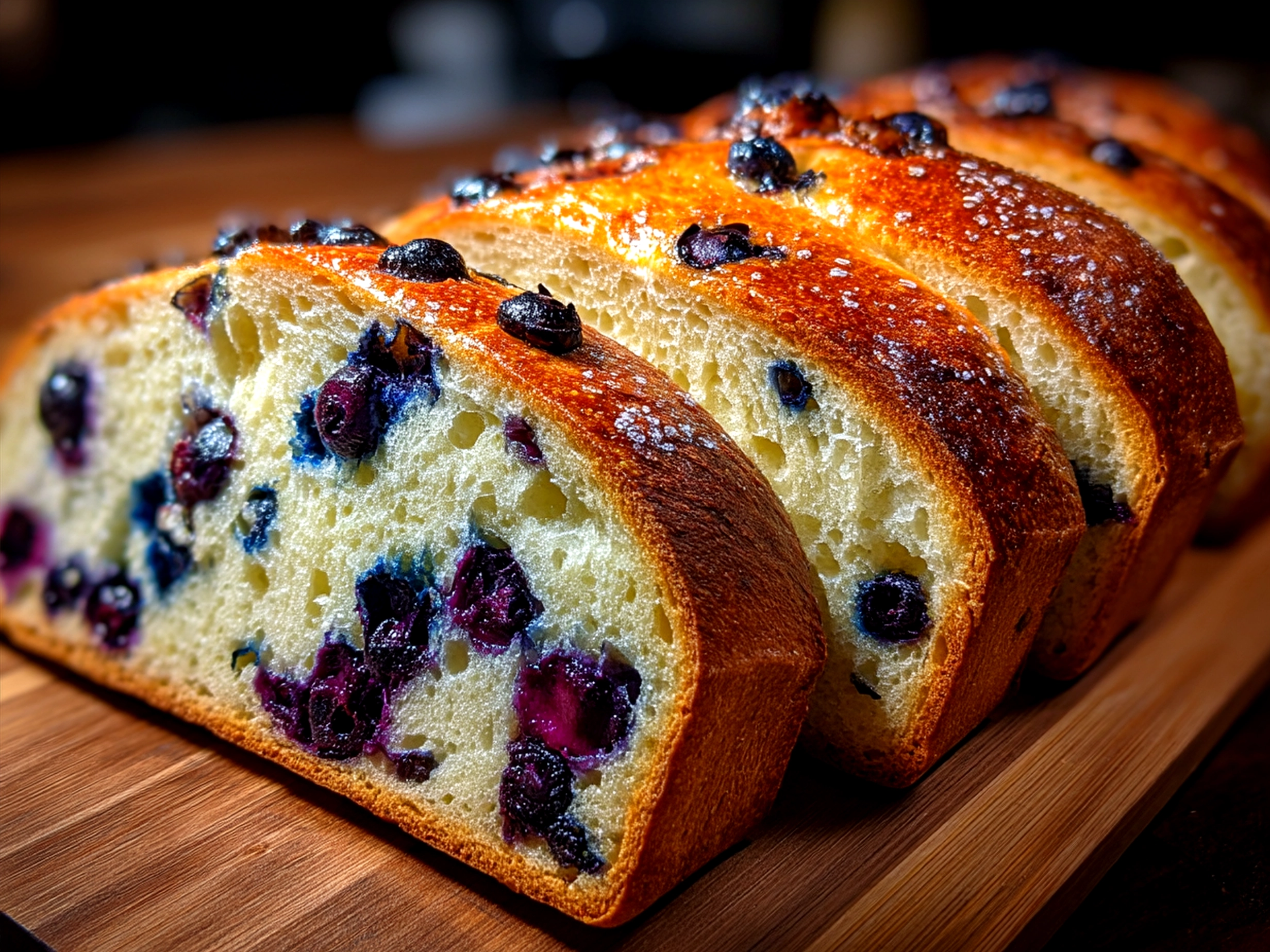 Sliced Lemon Blueberry Sourdough Bread served as part of a delicious brunch spread