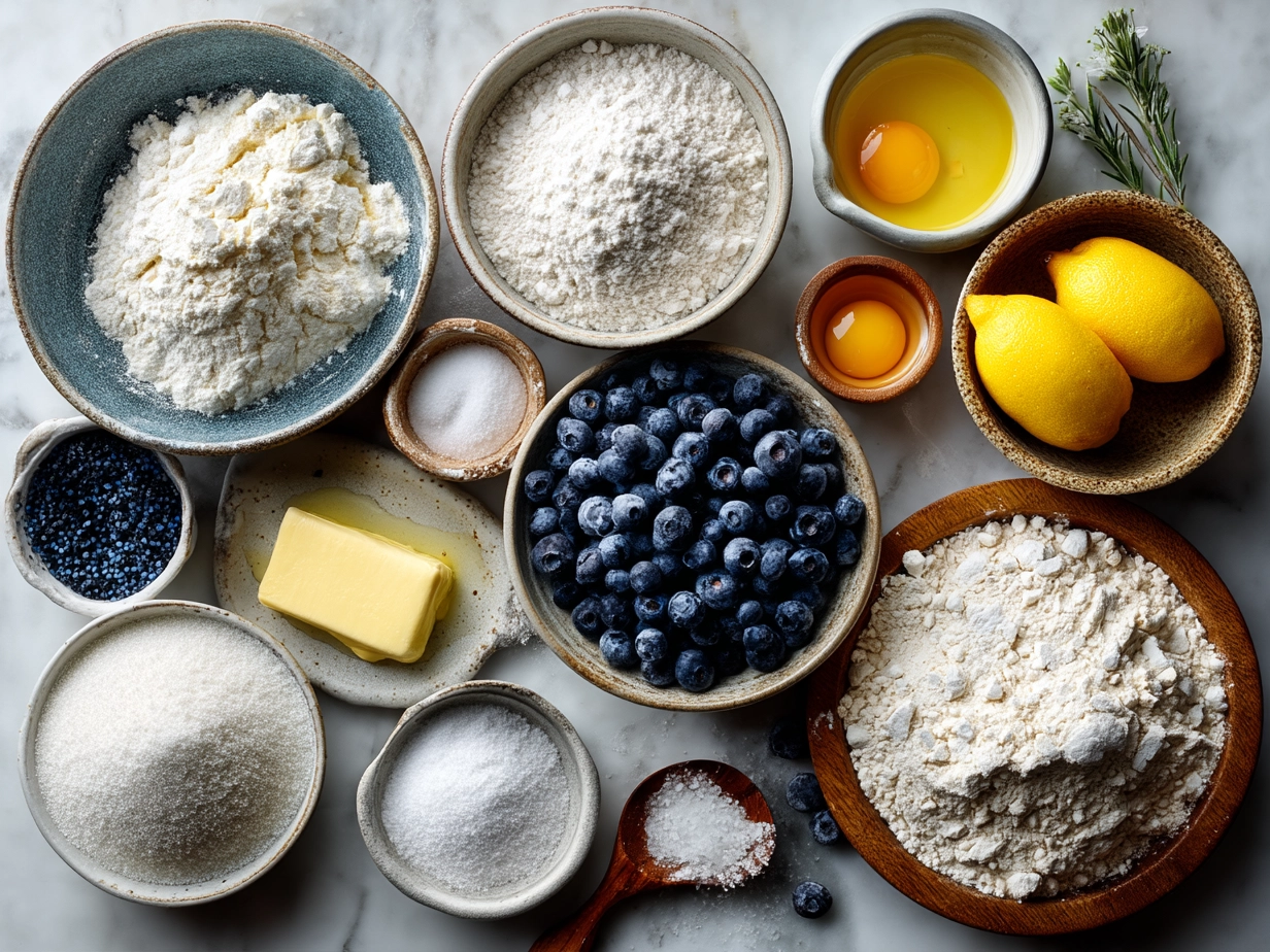 Ingredients for Lemon Blueberry Sourdough Bread including sourdough starter, flours, lemons, and blueberries