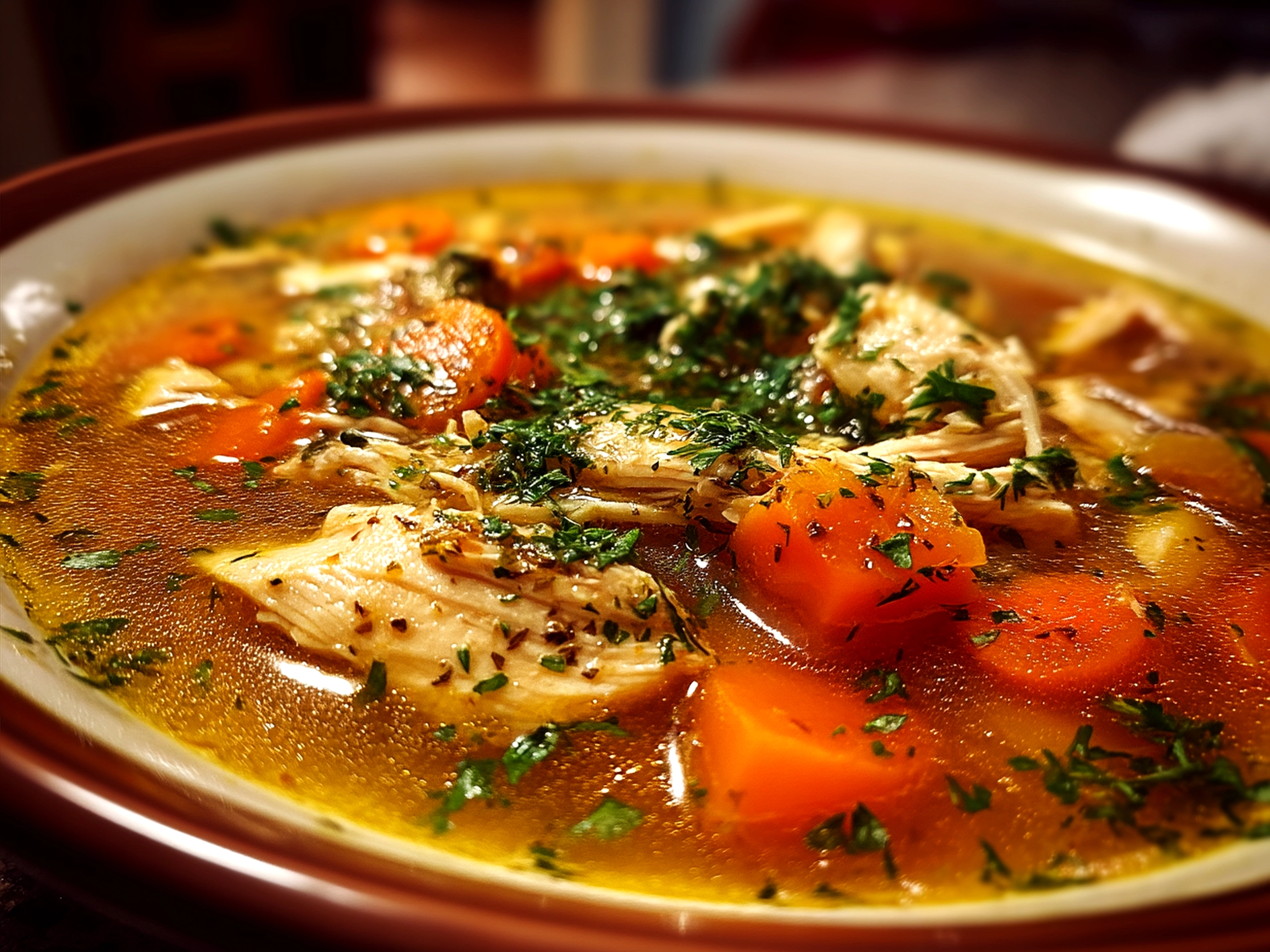 Serving bowl of fresh Lemon Chicken Soup garnished with parsley