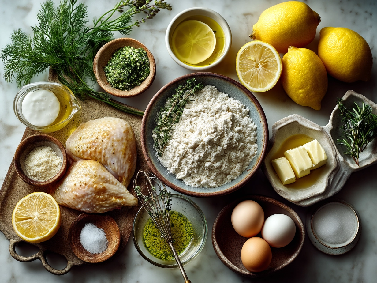 Fresh ingredients for Lemon Chicken Soup including lemons, chicken, vegetables, and herbs