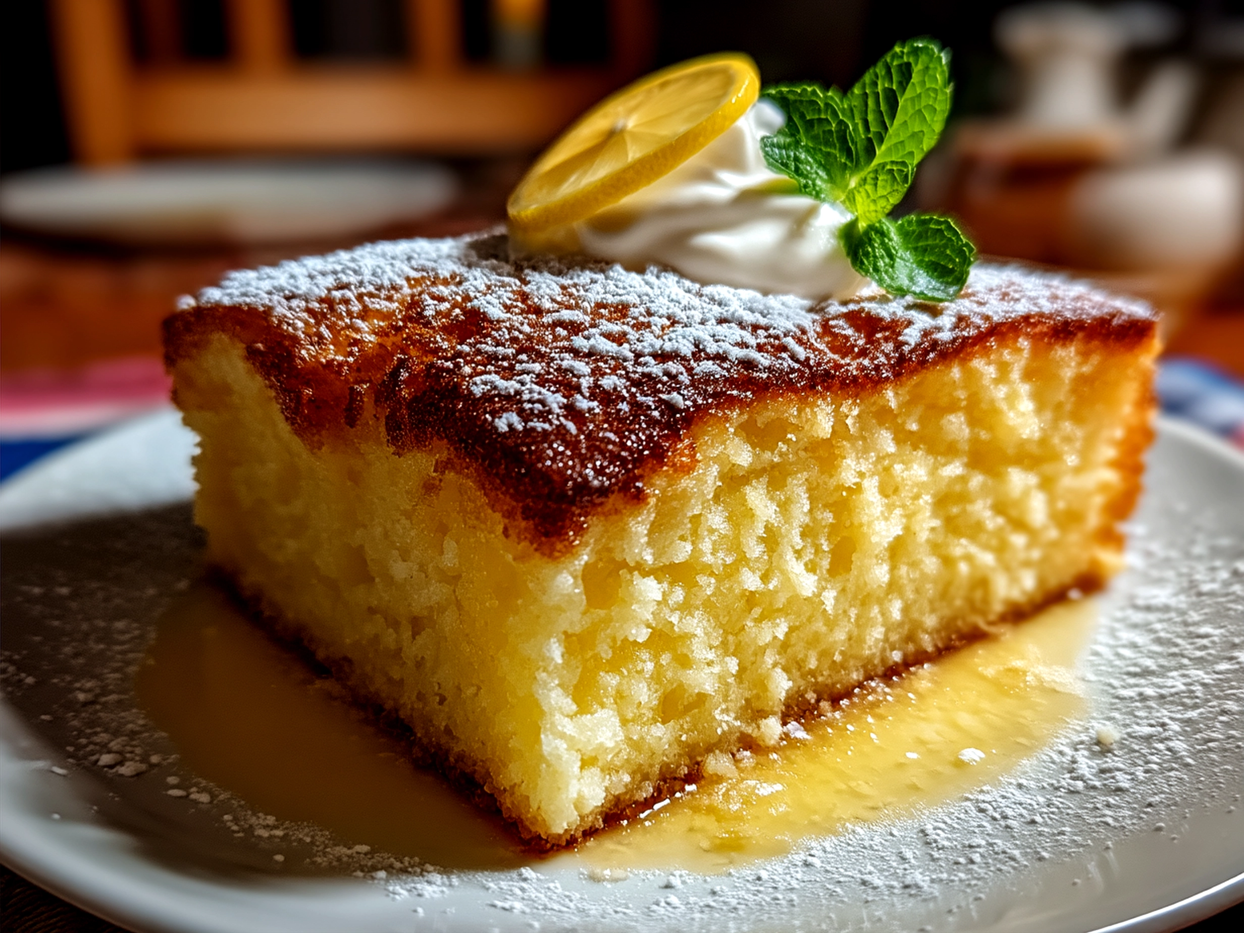 Sliced Lemon Custard Cake served with lemon slices and edible flowers